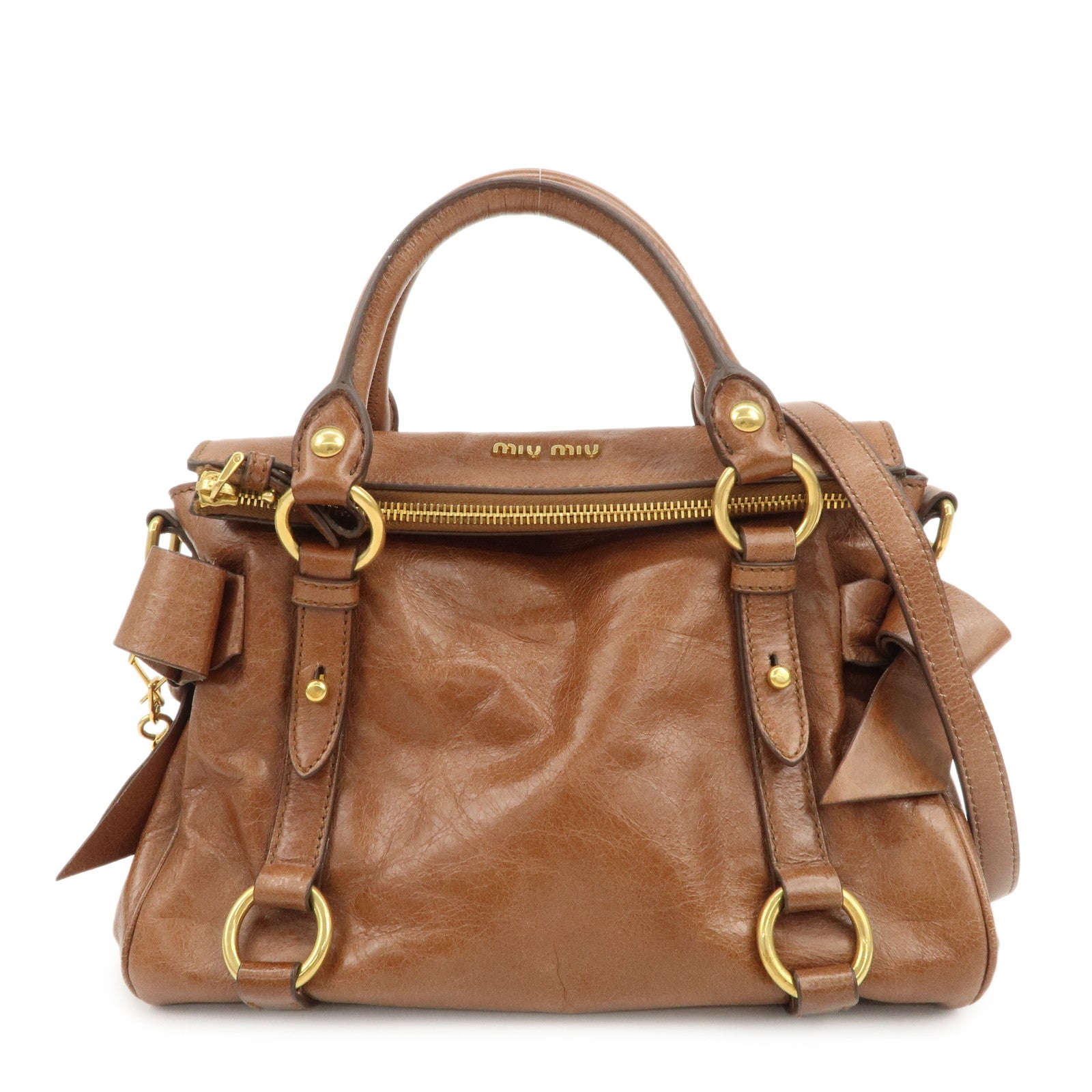 MIU MIU Logo Leather 2Way Bag Hand Bag Shoulder Bag Brown RT0438