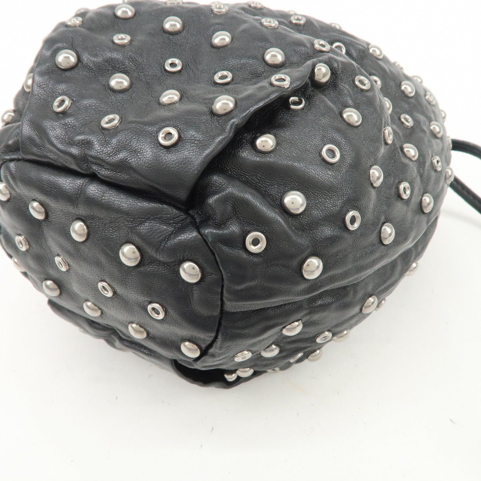 PRADA Studs Leather Drawstring Bag Cosmetic Pouch Black