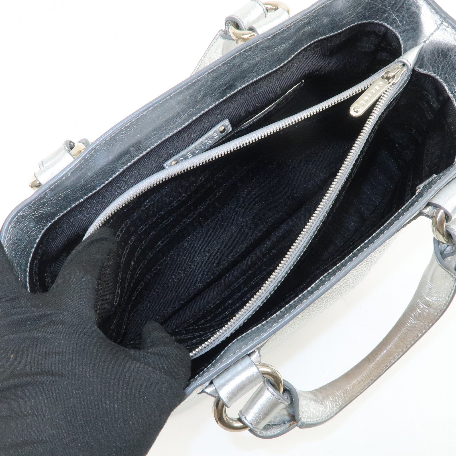 CELINE Leather Boogie Bag Hand Bag Tote Bag Silver