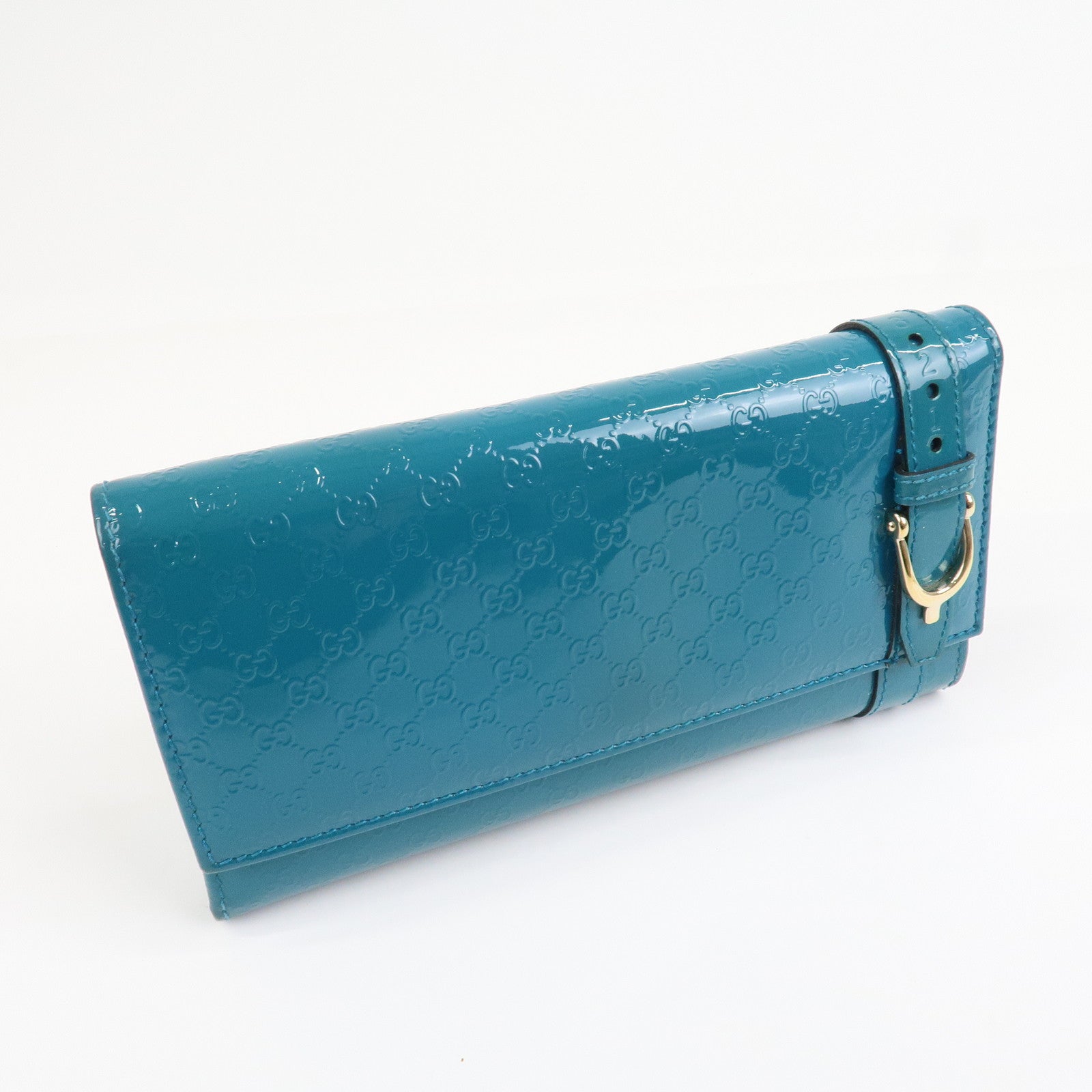 GUCCI  Patent Leather Flap Long Wallet Blue Green 309760