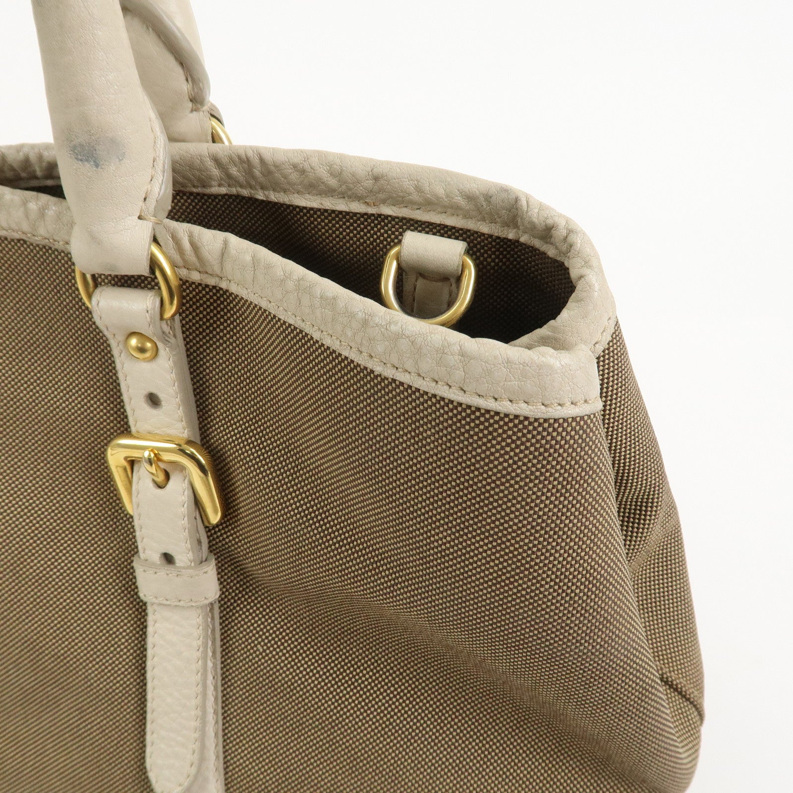 PRADA Logo Jacguard Leather 2Way Tote Bag Brown Ivory BN1841