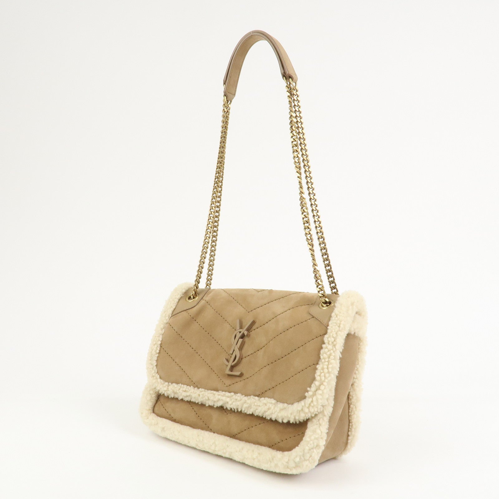 SAINT LAURENT PARIS Niki Mouton Leather Shoulder Bag Light Brown