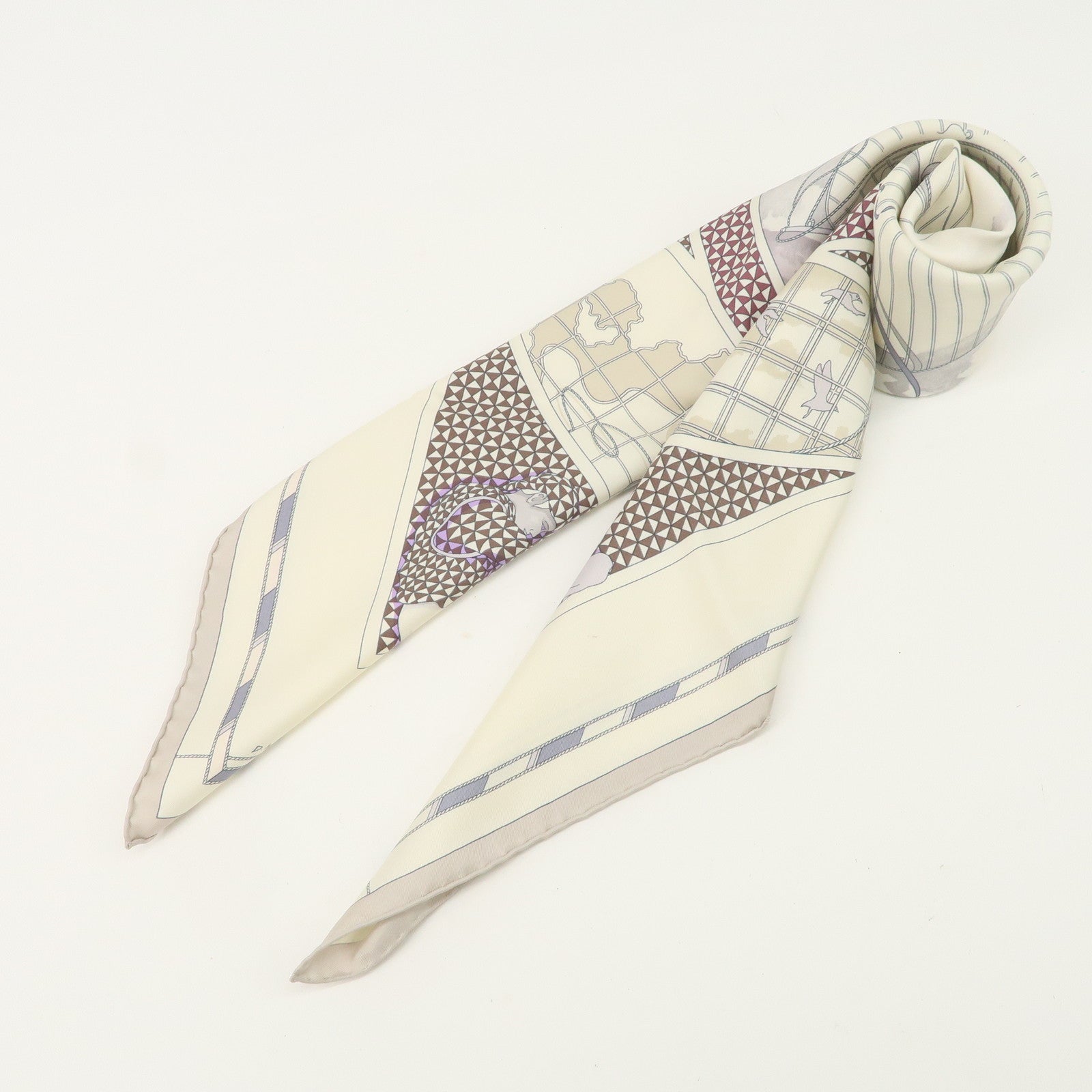 HERMES Carre 90 Silk 100% Scarf VOYAGE au LONGCOURS Ivory Used