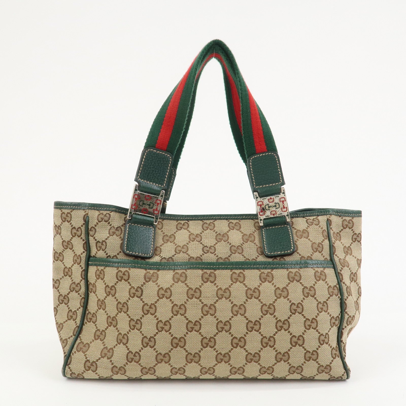 GUCCI Sherry GG Canvas Leather Hand Bag Brown Green 145810