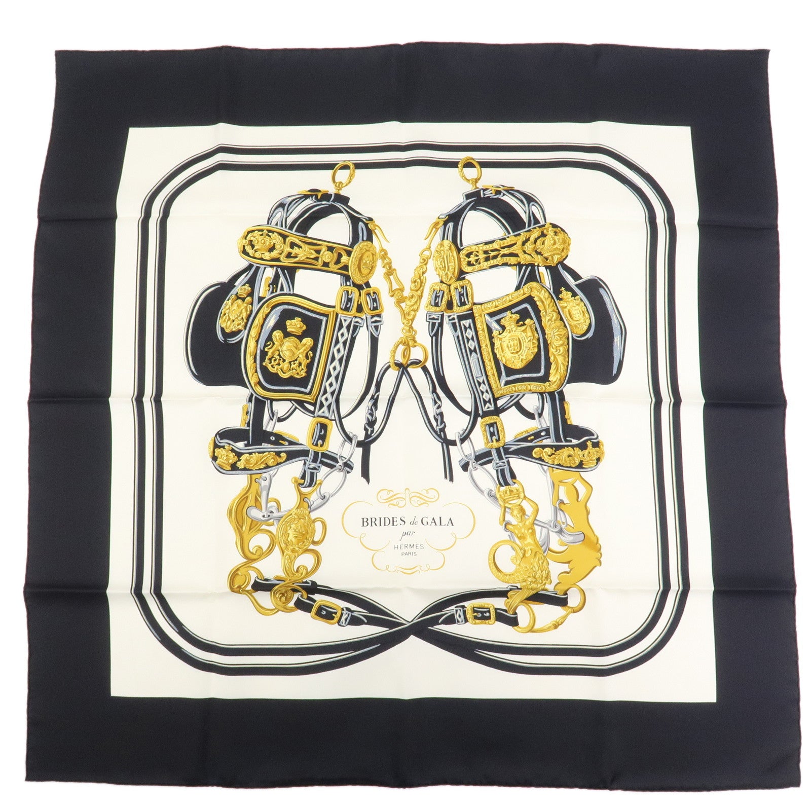 HERMES Carre 90 Silk 100% Scarf BRIDES DE GALA Black White