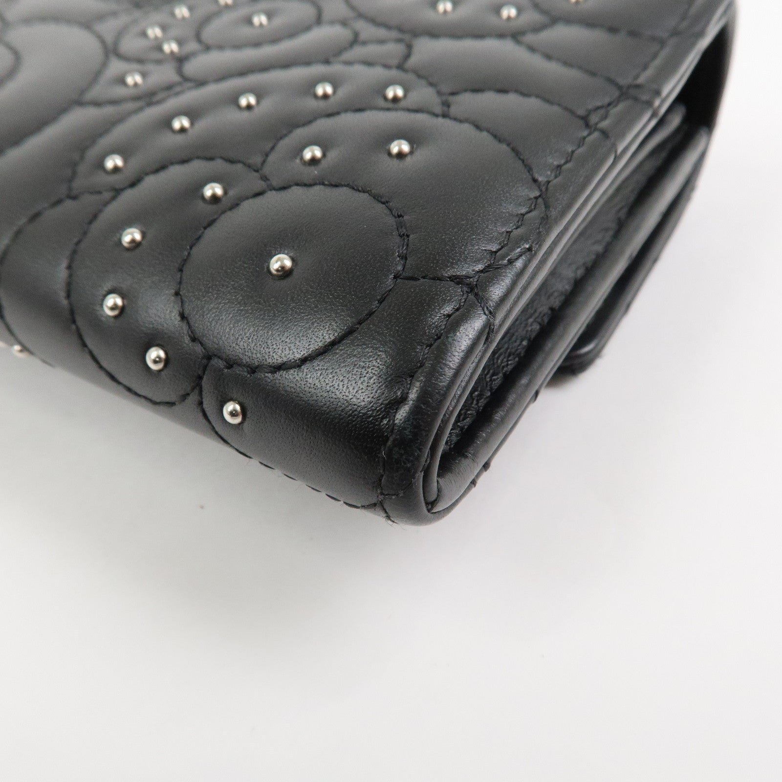 CHANEL Camellia Leather Long Wallet Black Silver Studs A82283