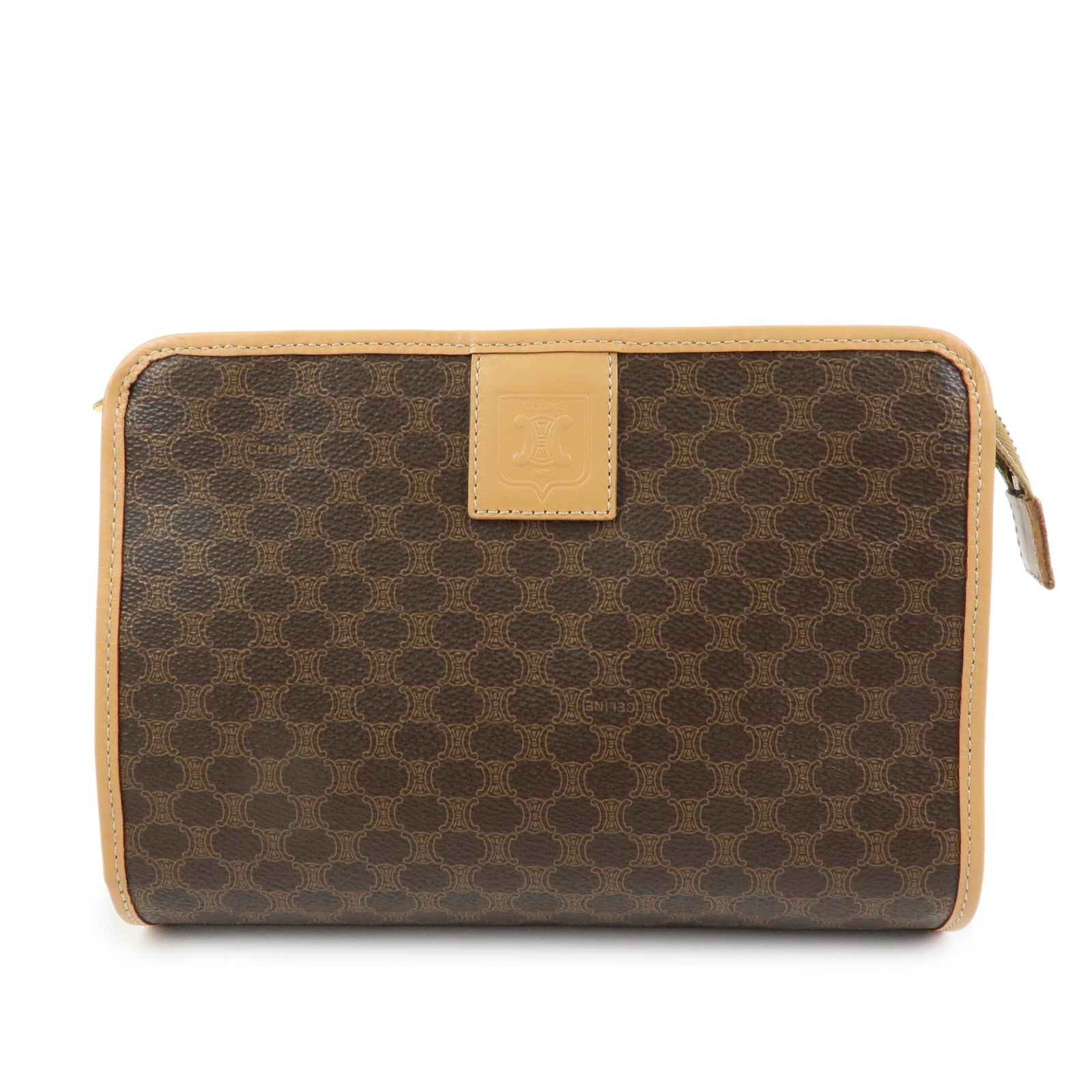 CELINE Macadam PVC Leather Clutch Bag Cosmetic Pouch Brown