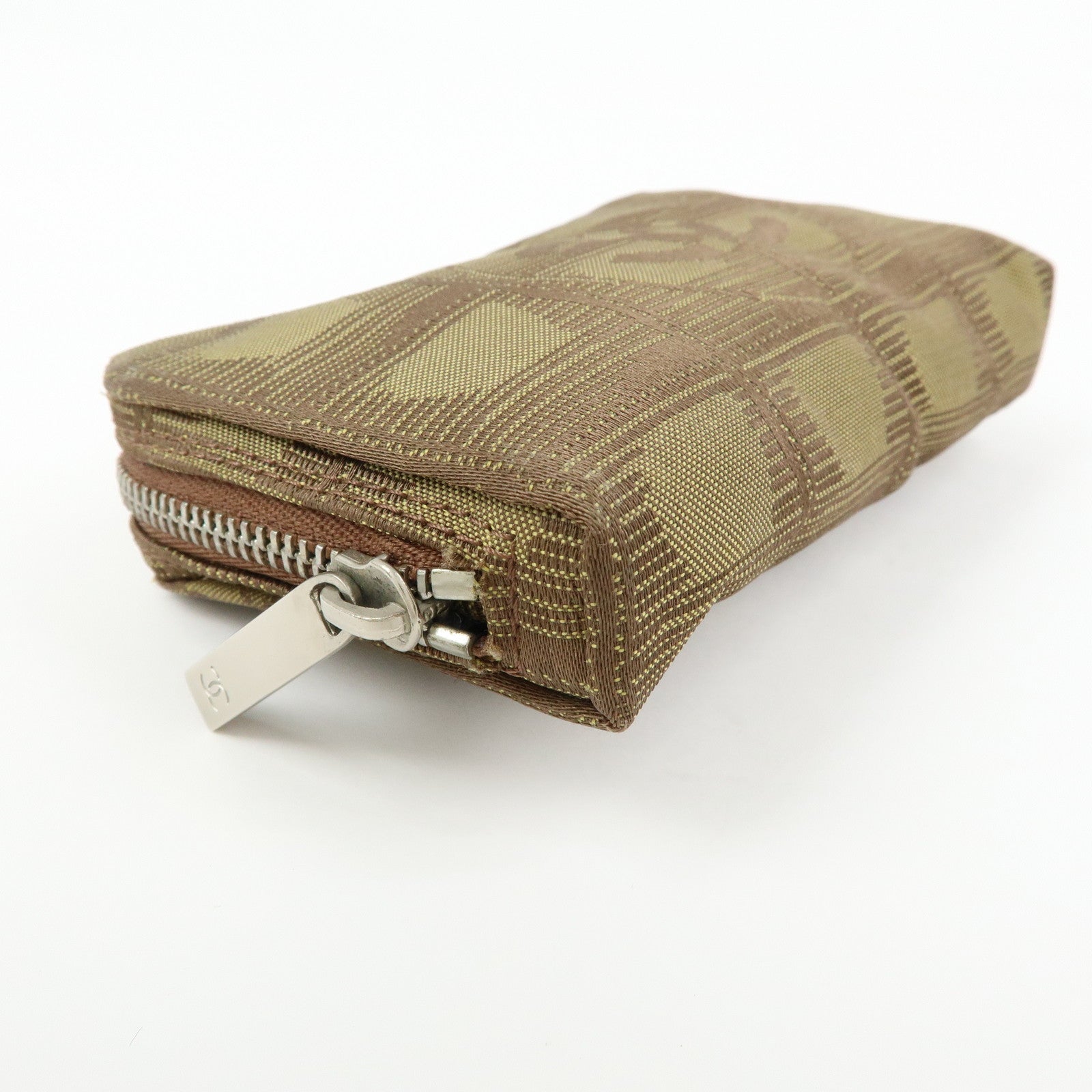 CHANEL New Travel Line Nylon Jacquard Mini Pouch Cosmetic Bag Khaki
