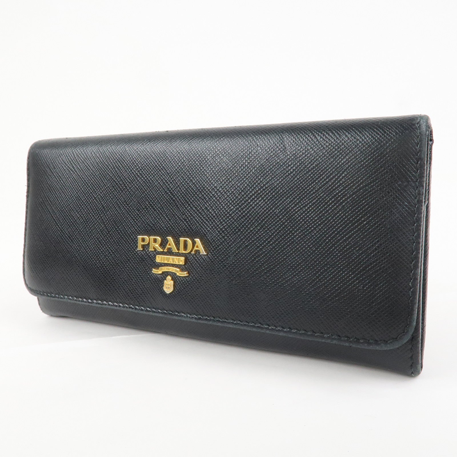 PRADA Logo Saffiano Leather Flap Bi-Fold Long Wallet Black 1MH132