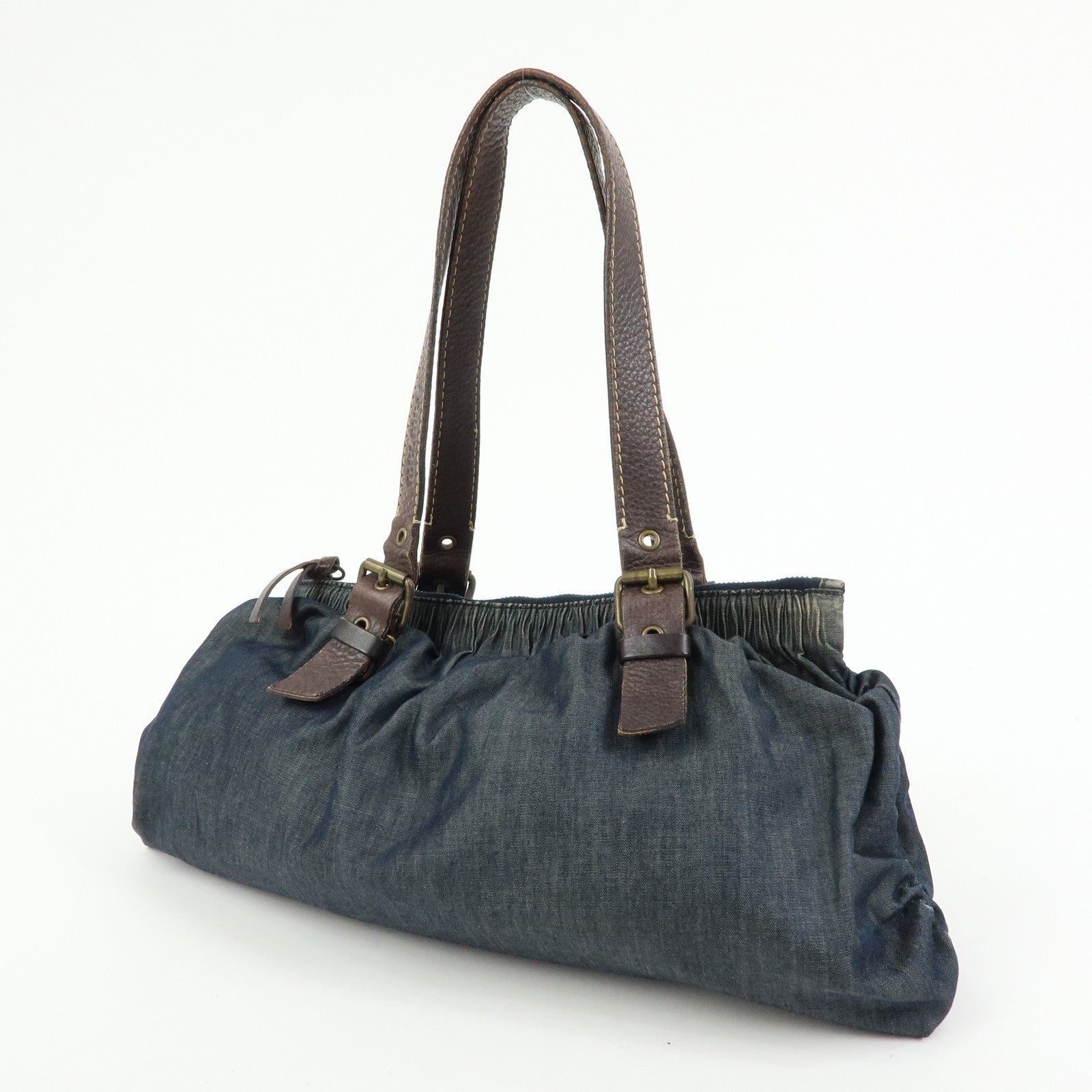 MIU MIU Denim Leather Shoulder Bag Hand Bag Indigo Blue Brown