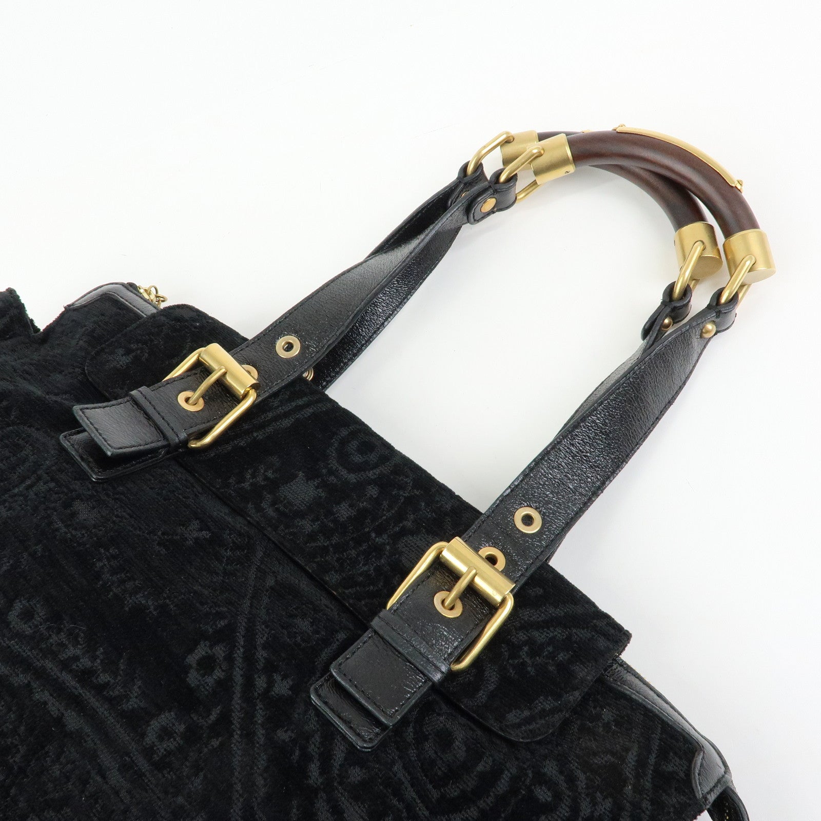 STELLA MCCARTNEY Canvas Leather Tote Hand Bag Paisley Pattern Black