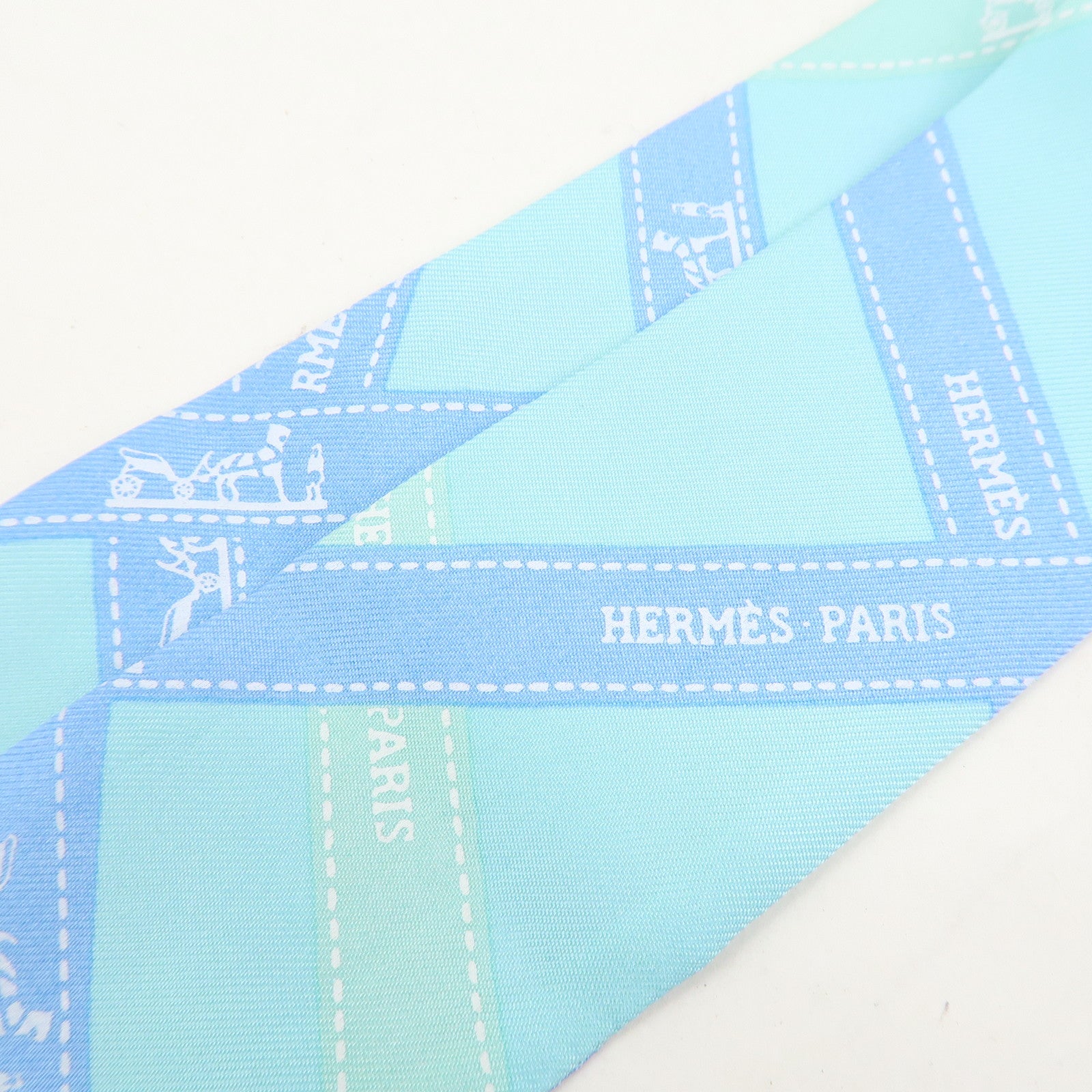 HERMES Twilly Silk 100% Scarf Bolduc Pattern Light Blue