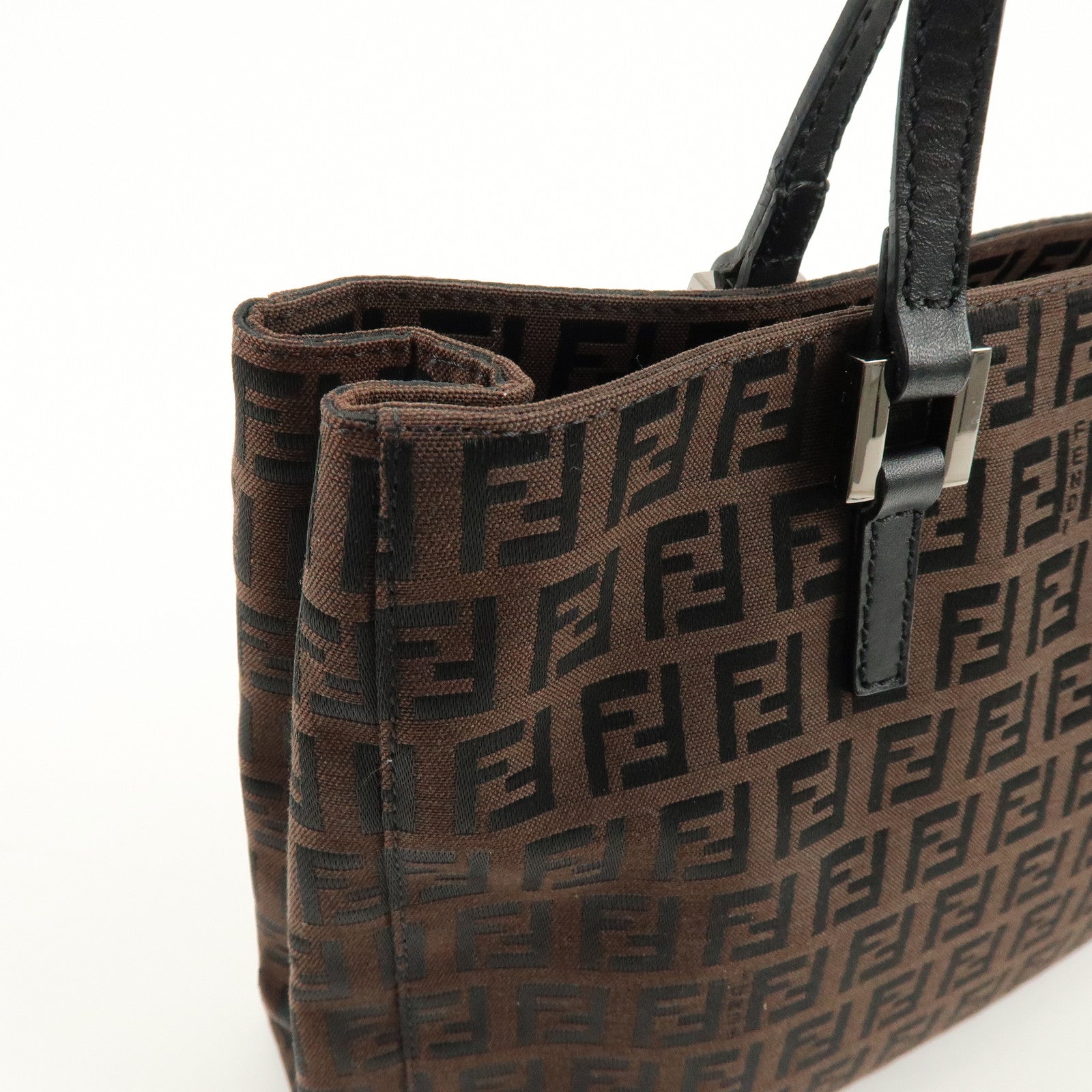 FENDI Zucchino Canvas Leather Tote Bag Shoulder Bag Brown Black