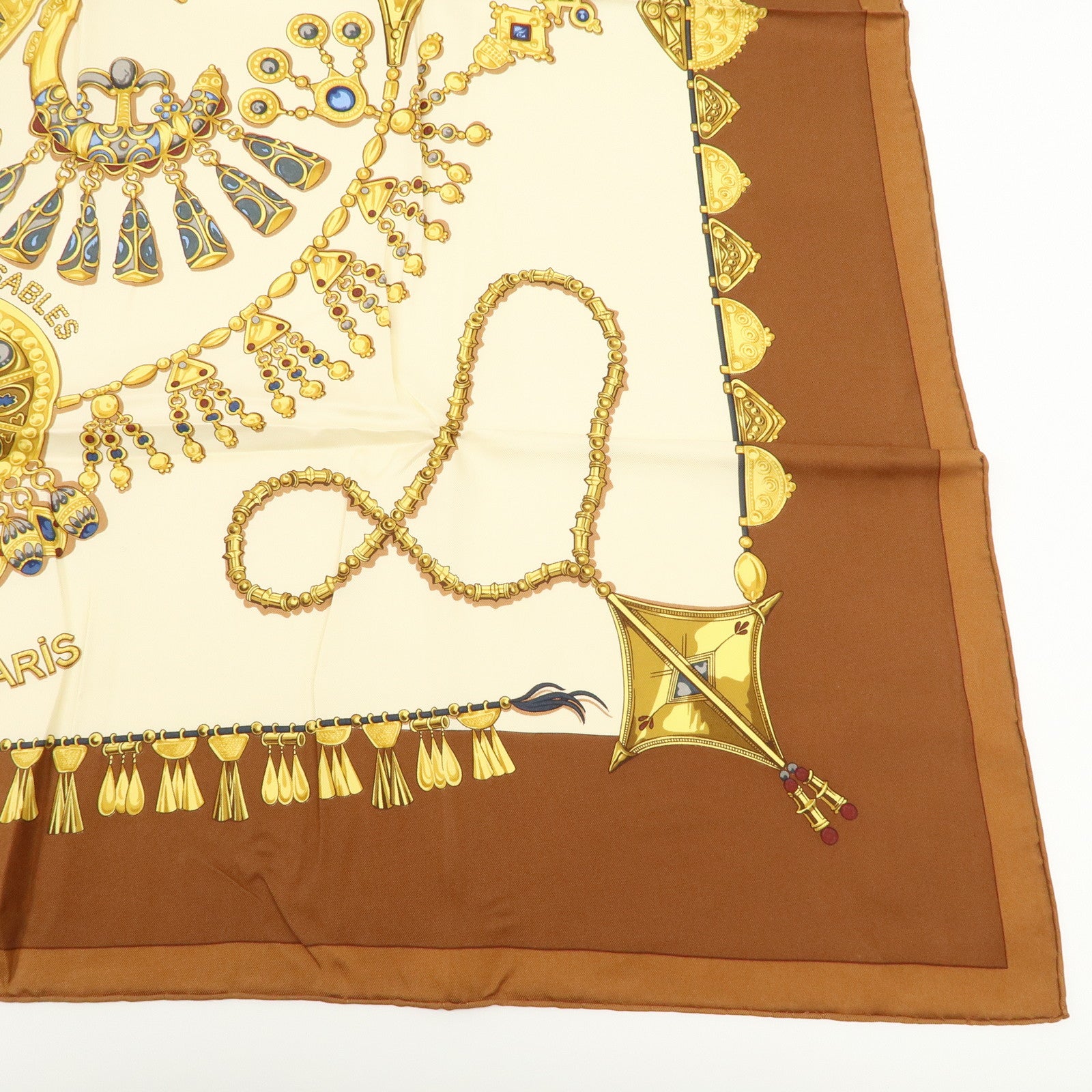 HERMES Carre 90 Silk 100% Scarf PARURES DES SABLES Gold Brown Used