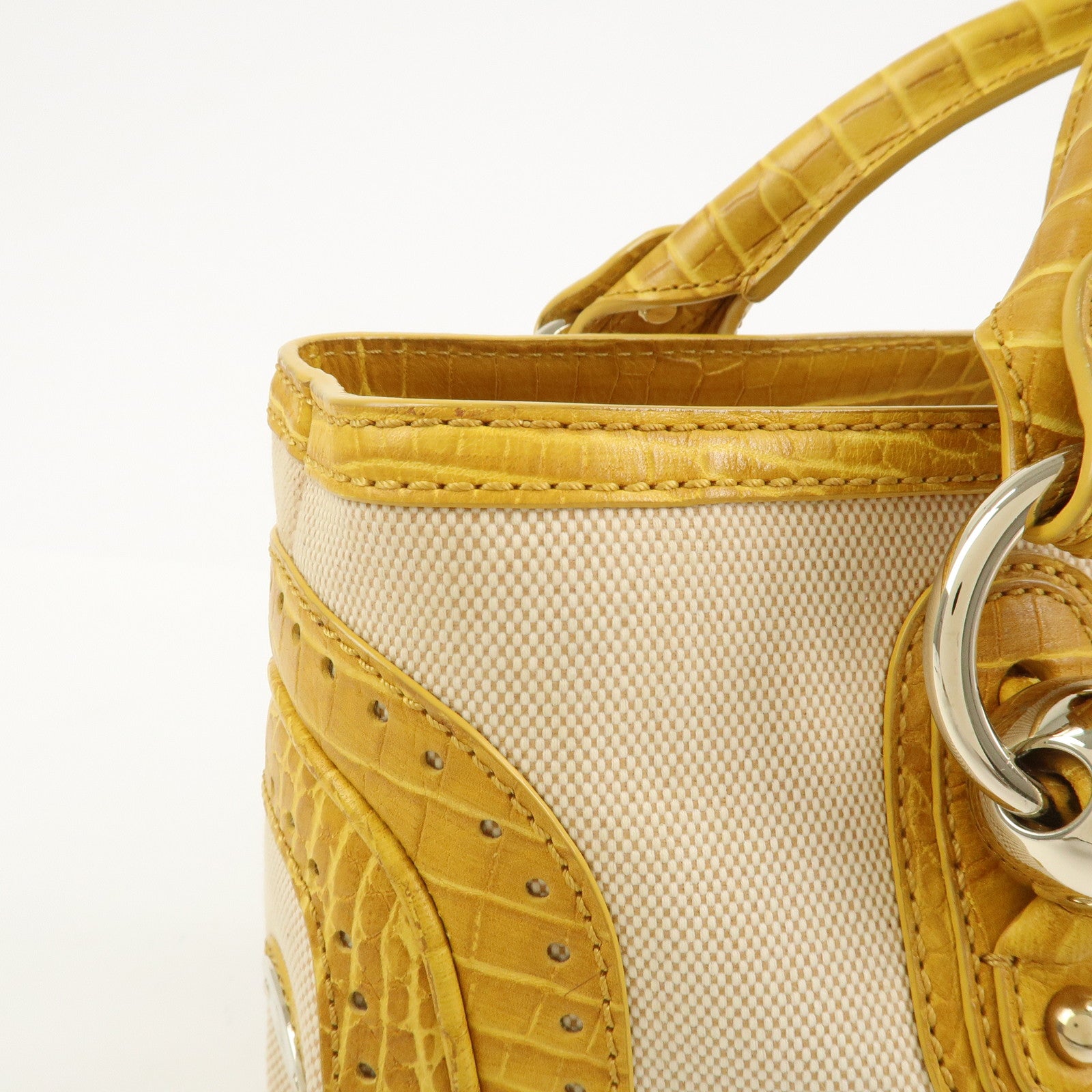 CELINE Boogie Bag Canvas Embossed Leather Hand Bag Natural Yellow