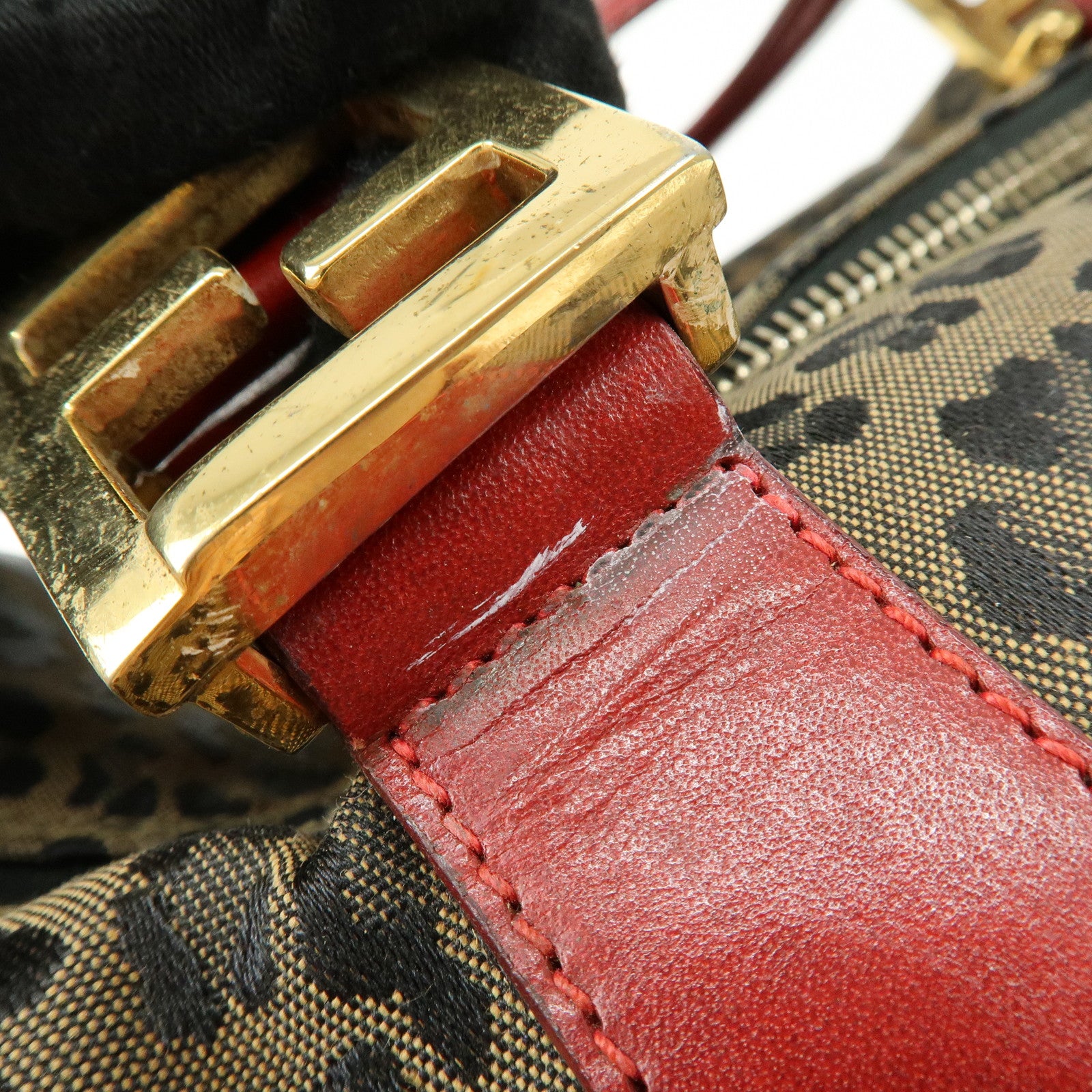 FENDI Canvas Leather Hand Bag Boston Bag Leopard Brown Red