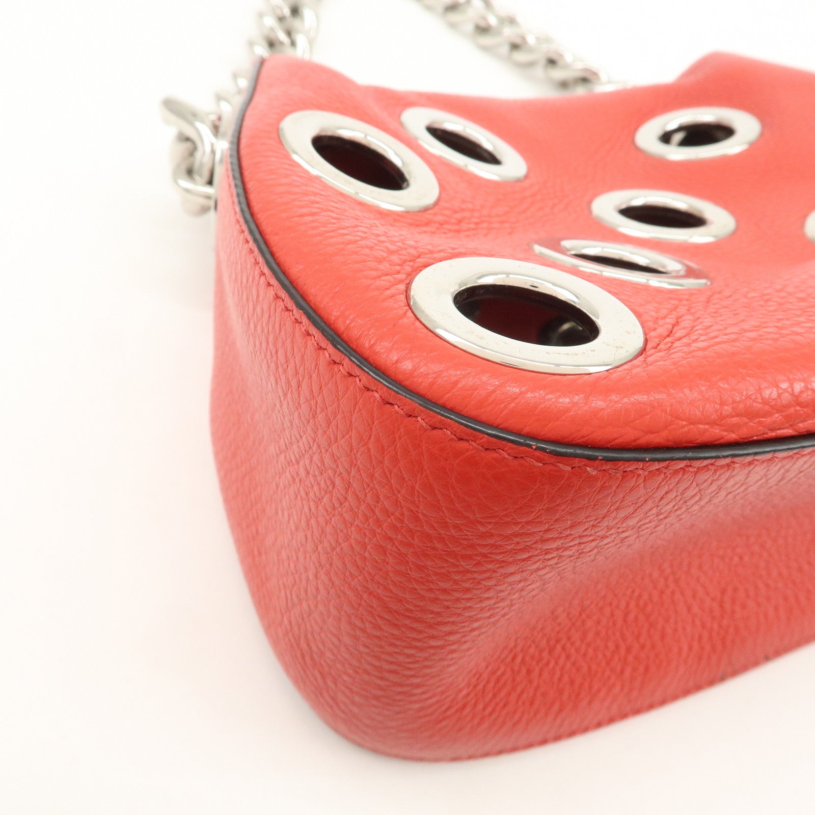 PRADA Logo Grommet Leather Chain Shoulder Bag Red Silver 1BA027