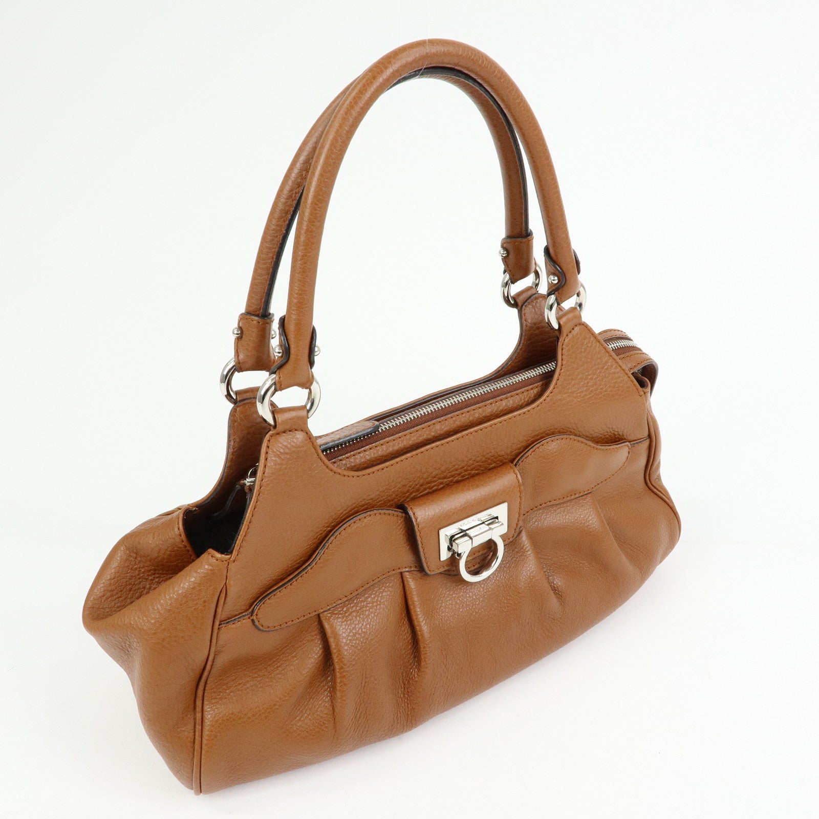 Ferragamo Gancini Leather Pleated Shoulder Bag Hand Bag Brown