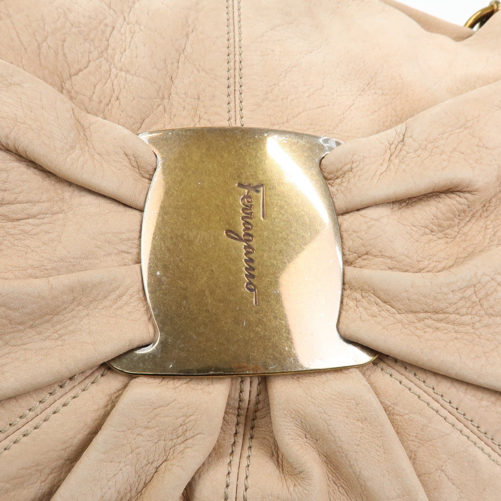 Ferragamo Vara Ribbon Leather 2Way Hand Bag Shoulder Bag Pink Beige