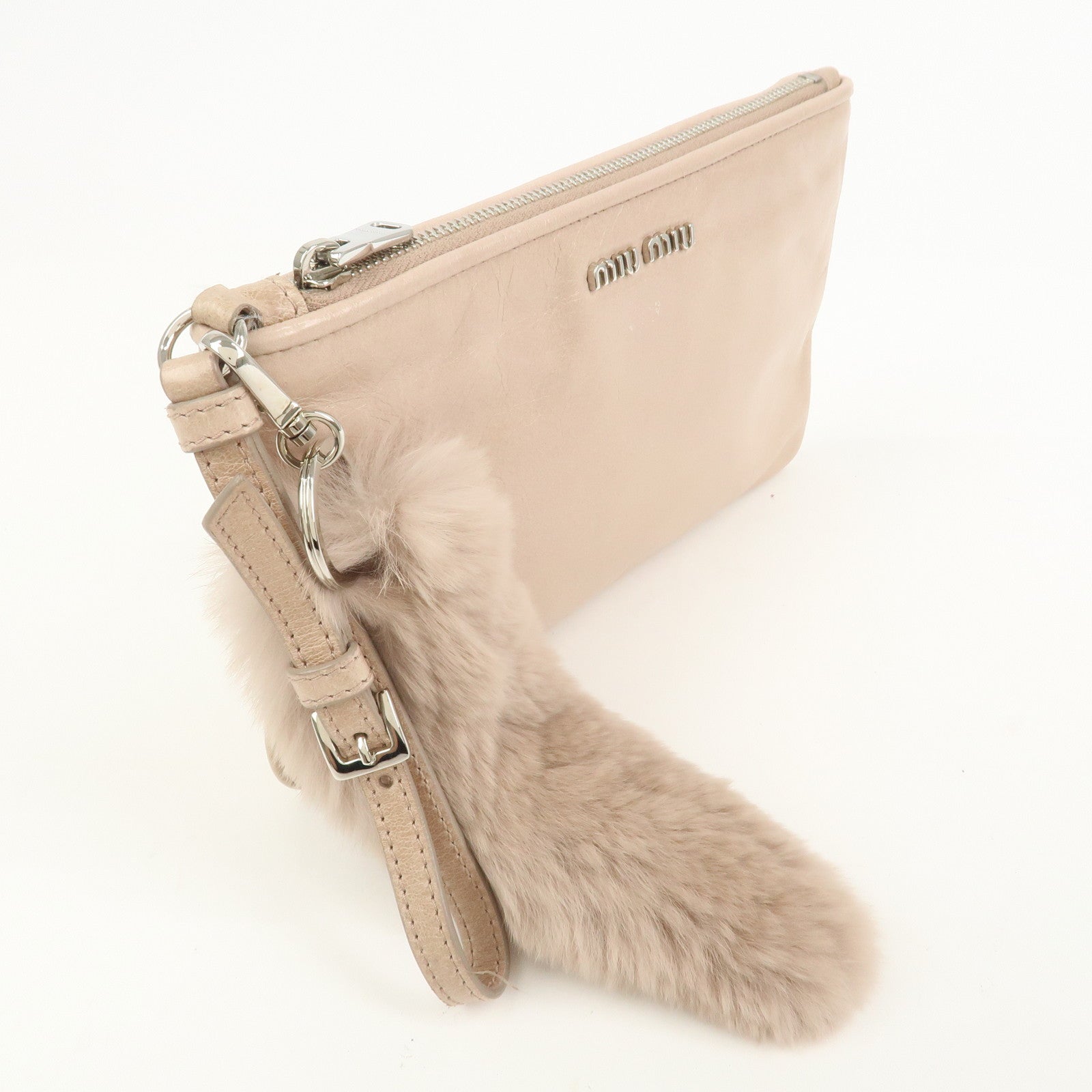 MIU MIU Leather Fur Clutch Bag Pouch Pink Beige 5NH811