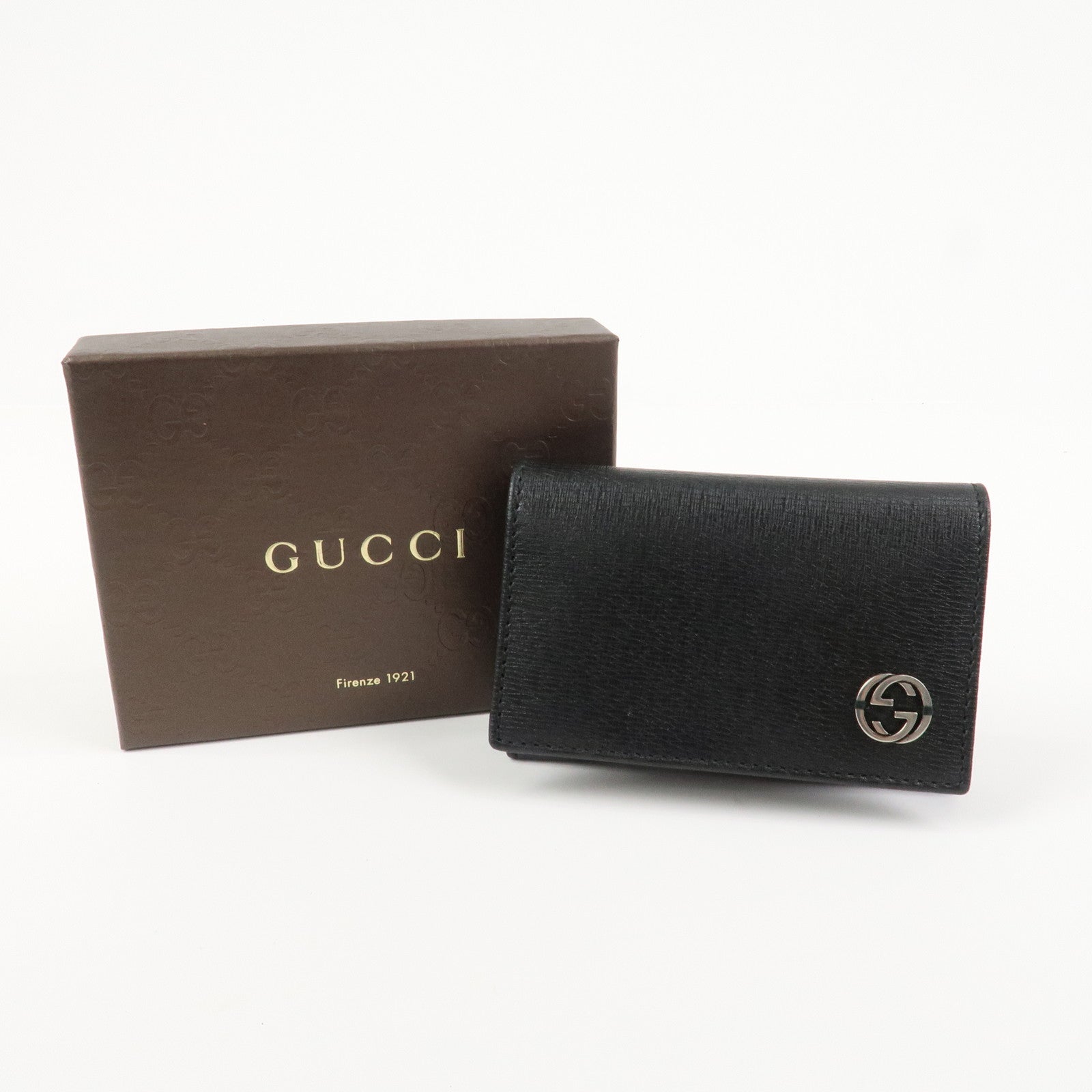 GUCCI Interlocking G Leather Card Case Black 306717