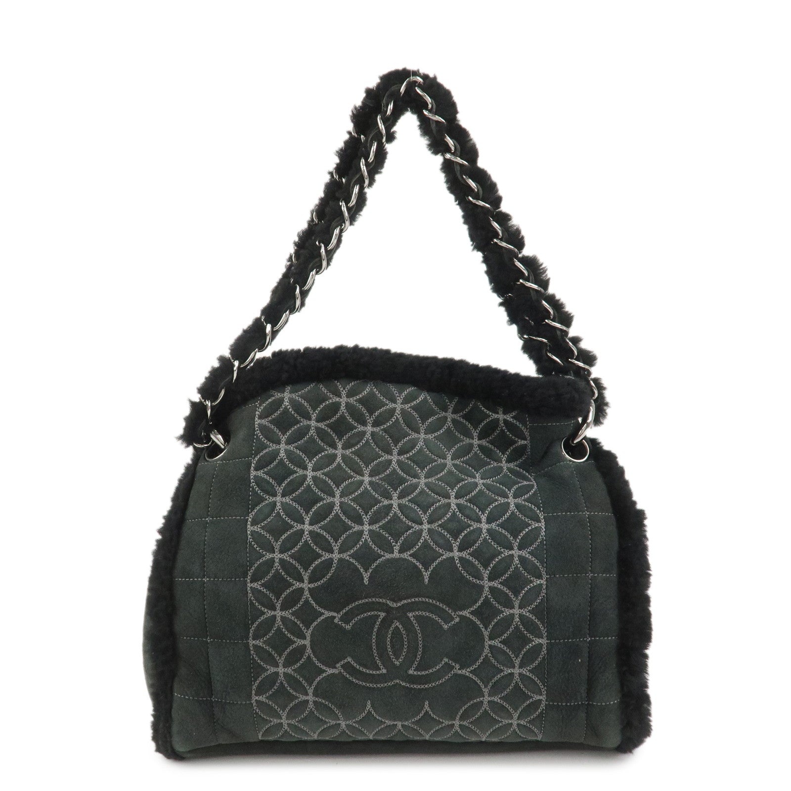 CHANEL Mouton Leather Chain Shoulder Bag Hand Bag Black Silver