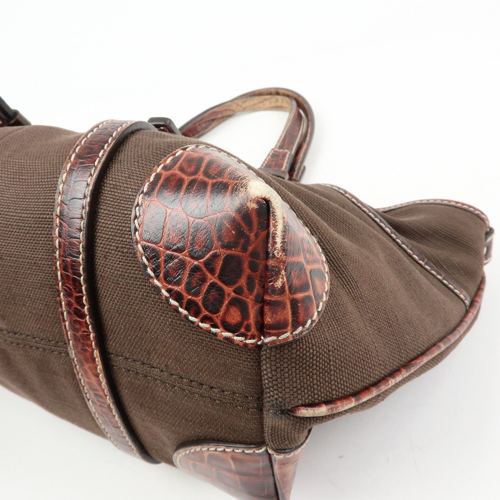 CELINE Logo Canvas Embossed Leather Tote Bag Hand Bag Brown