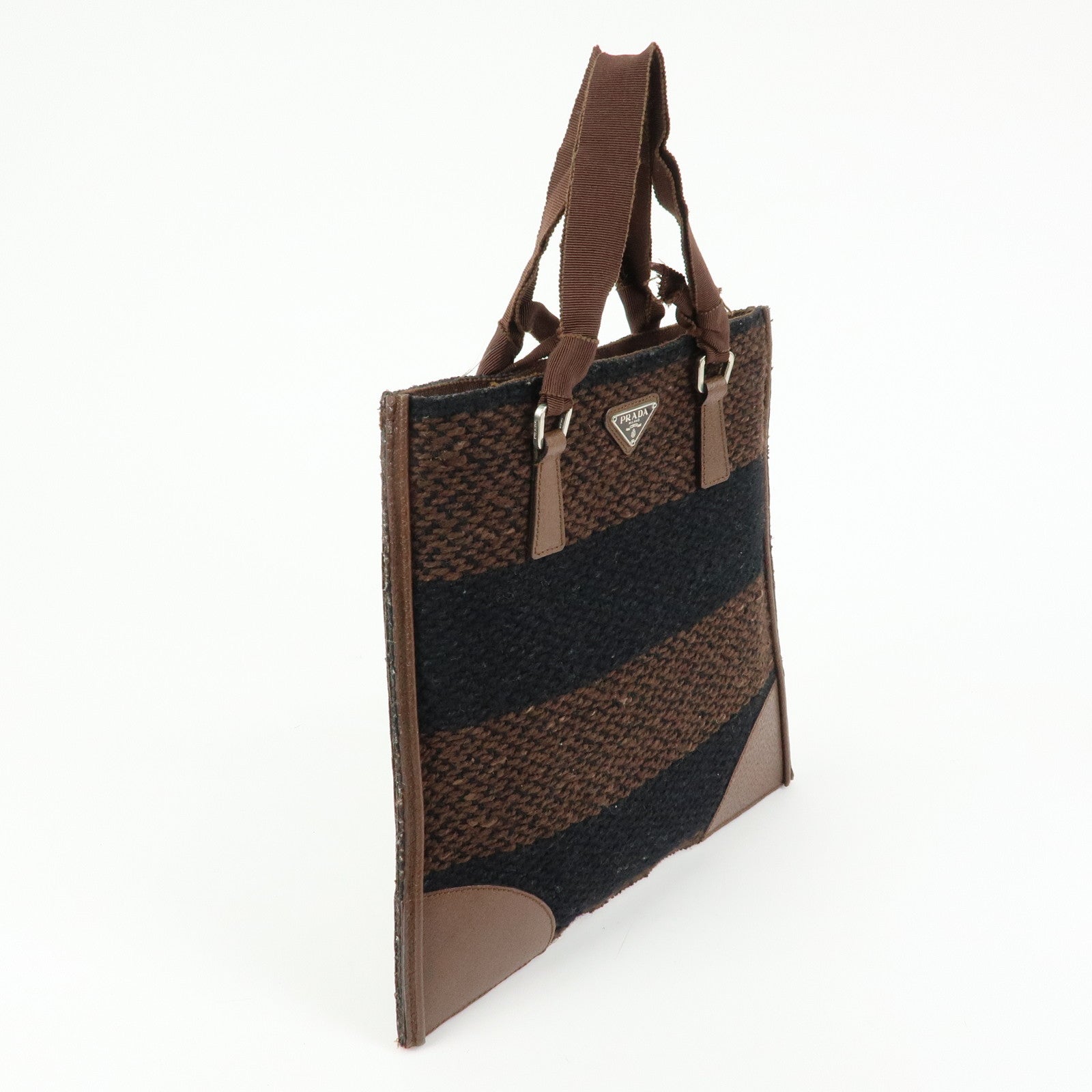 PRADA Triangle Logo Tweed Canvas Hand Bag Brown Black B11268
