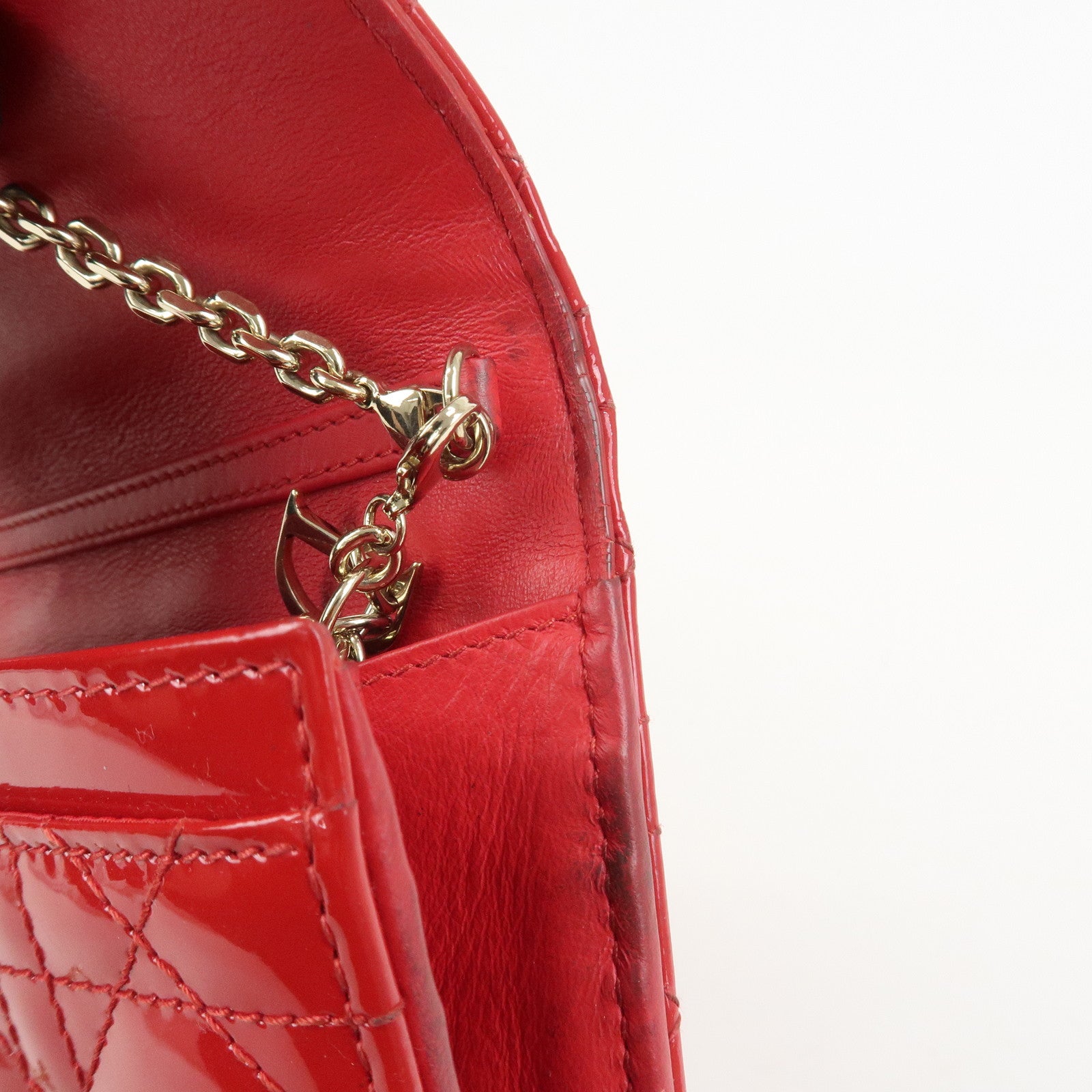 Christian Dior Cannage Patent Leather Chain Long Wallet WOC Red