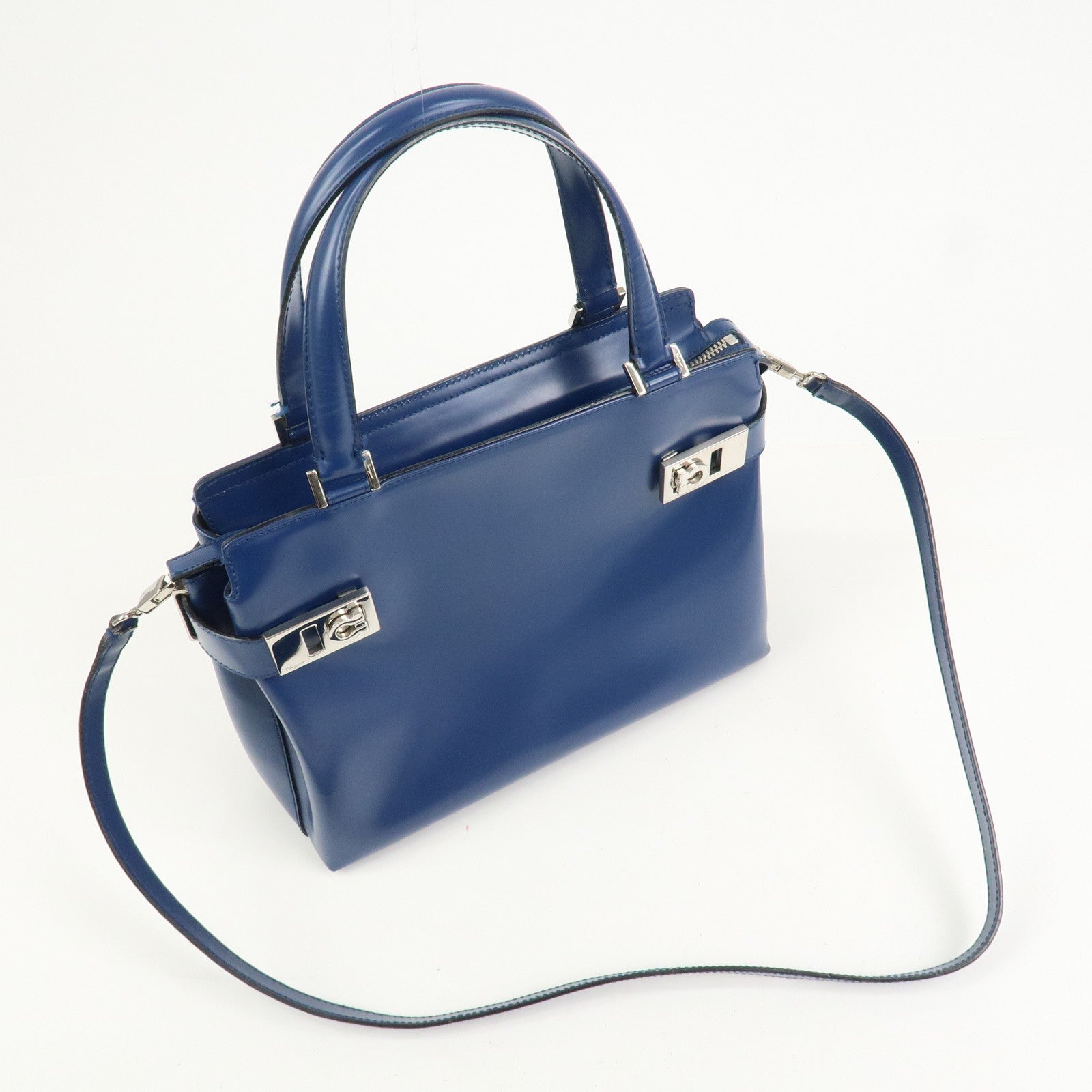 Ferragamo Gancini Logo Leather 2Way Bag Hand Bag Shoulder Bag Blue