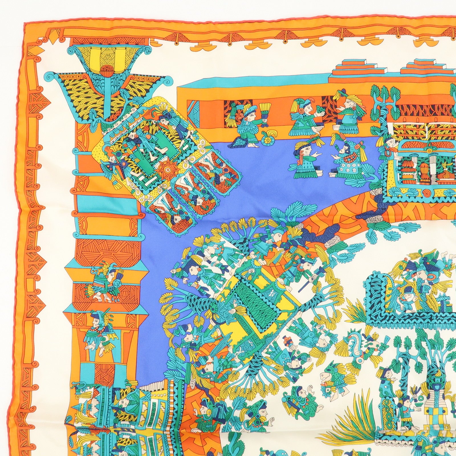 HERMES Carre 90 Silk 100% Scarf ASTRES ET SOLEILS Orange Green Blue