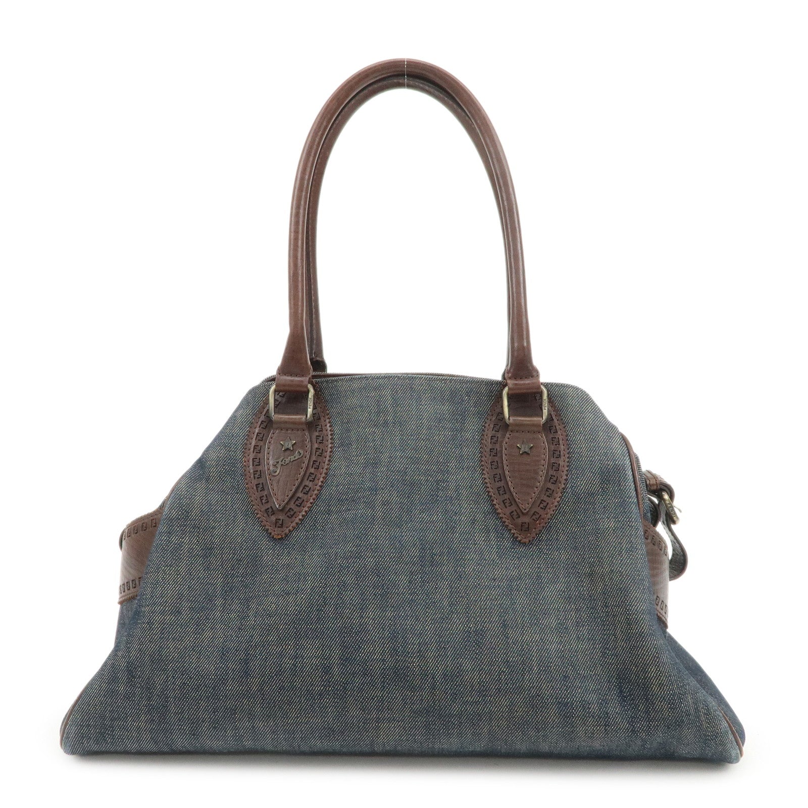 FENDI Etonico Denim Leather Tote Bag Shoulder Bag Brown 8BN162