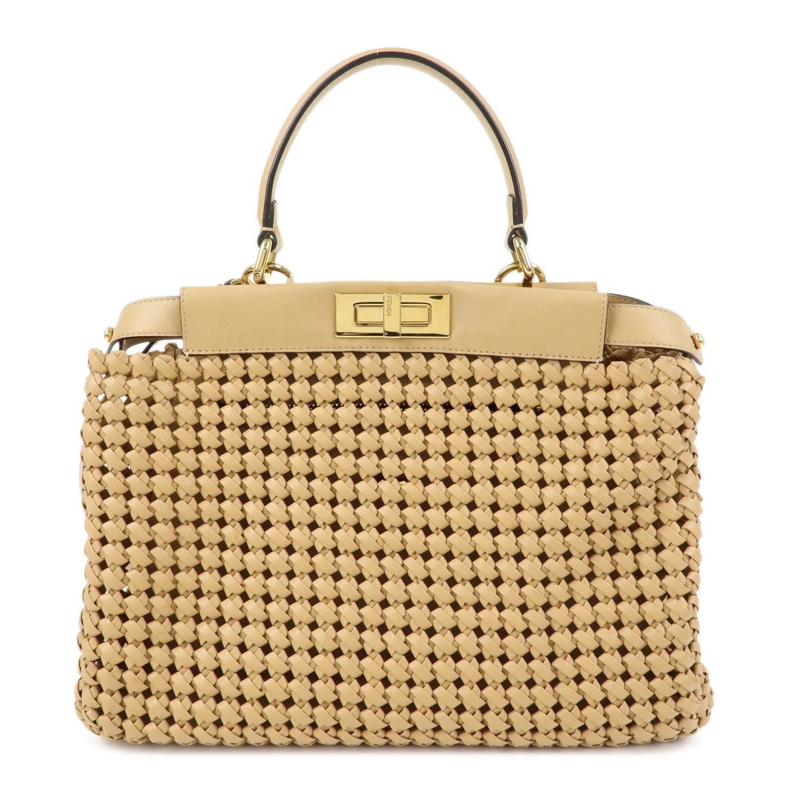 FENDI Peekaboo Medium Leather 2Way Hand Shoulder Bag Beige 8BN290