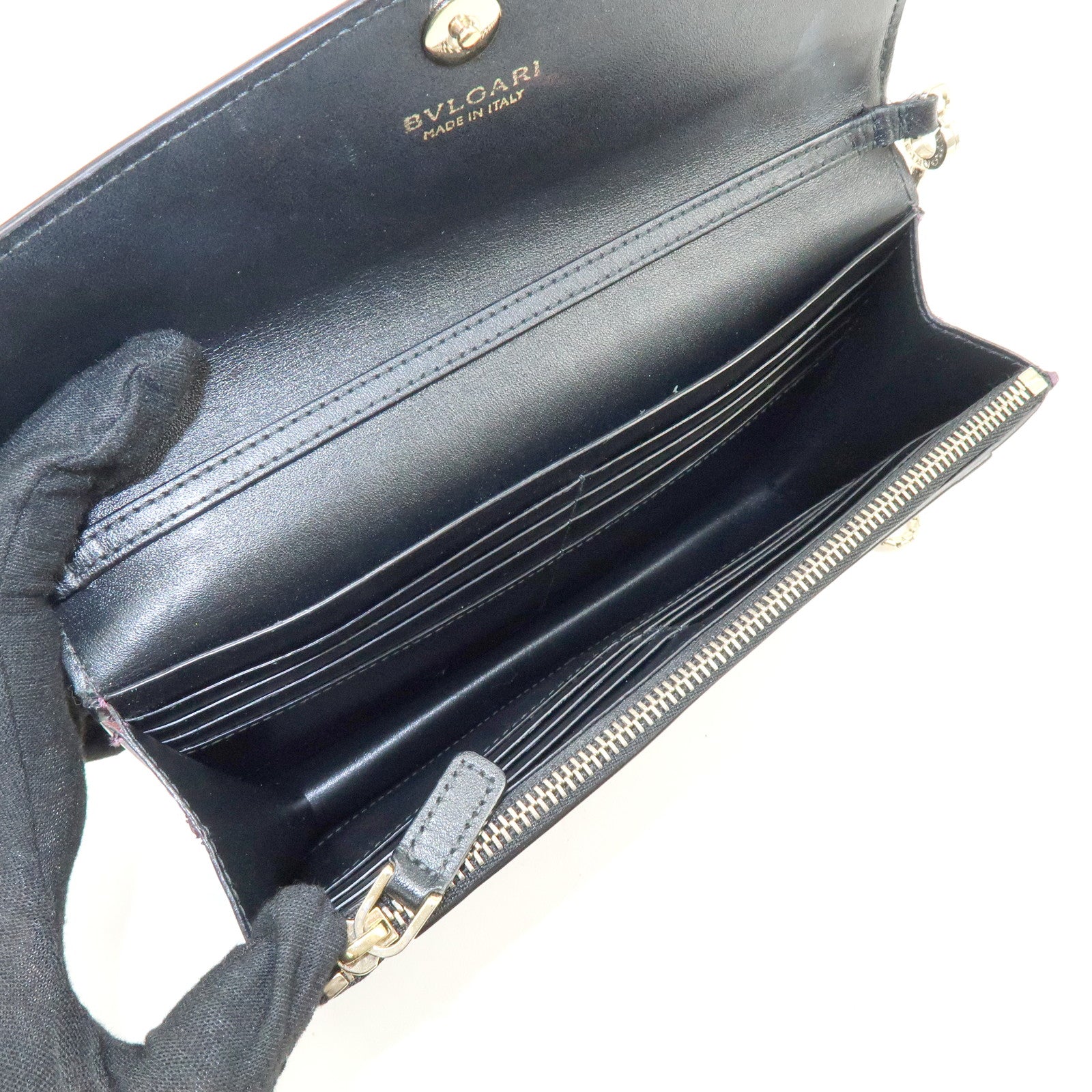 BVLGARI Serpenti Forever Patent Leather Chain Wallet Purple