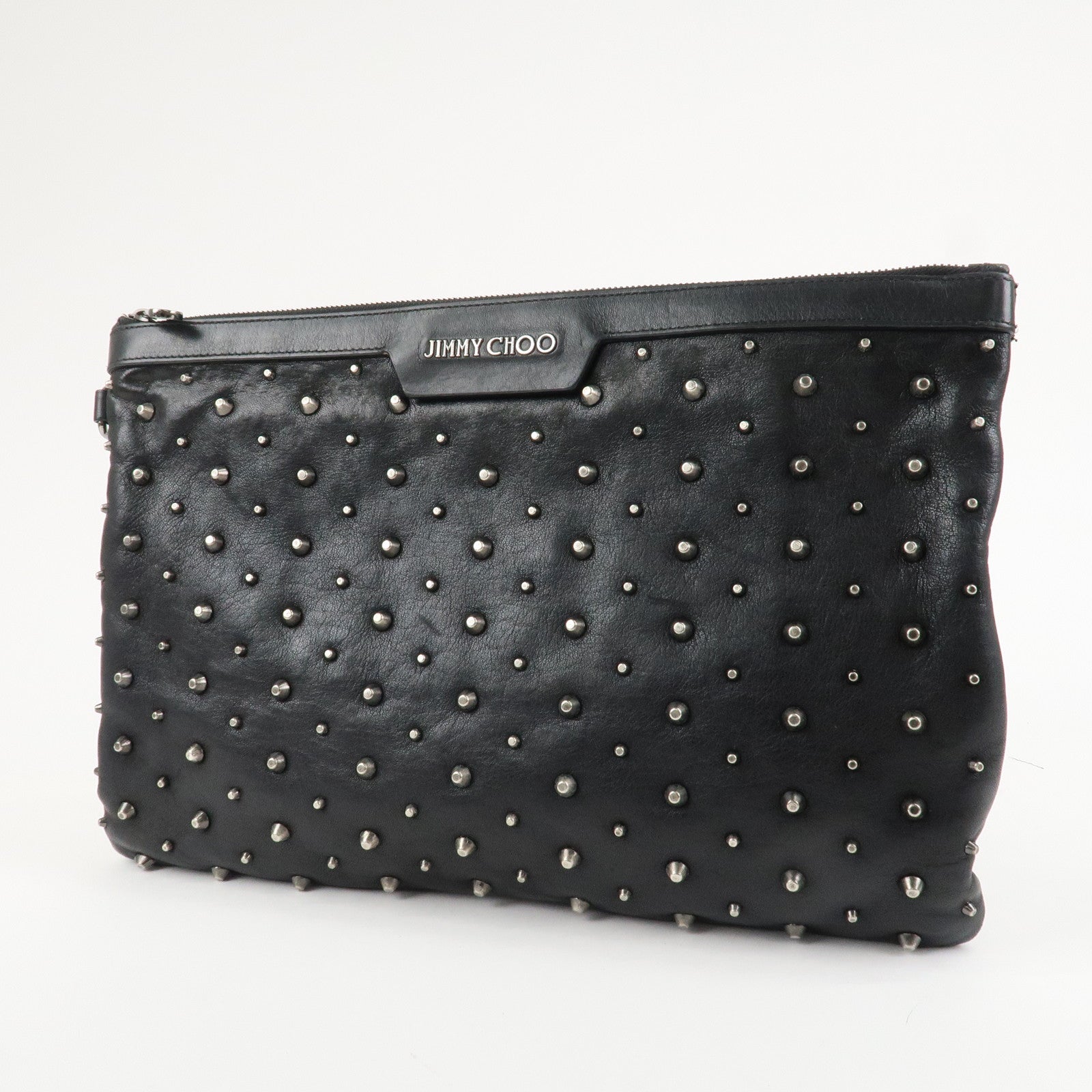 JIMMY CHOO Leather Studs Clutch Bag Black Silver HDW Used
