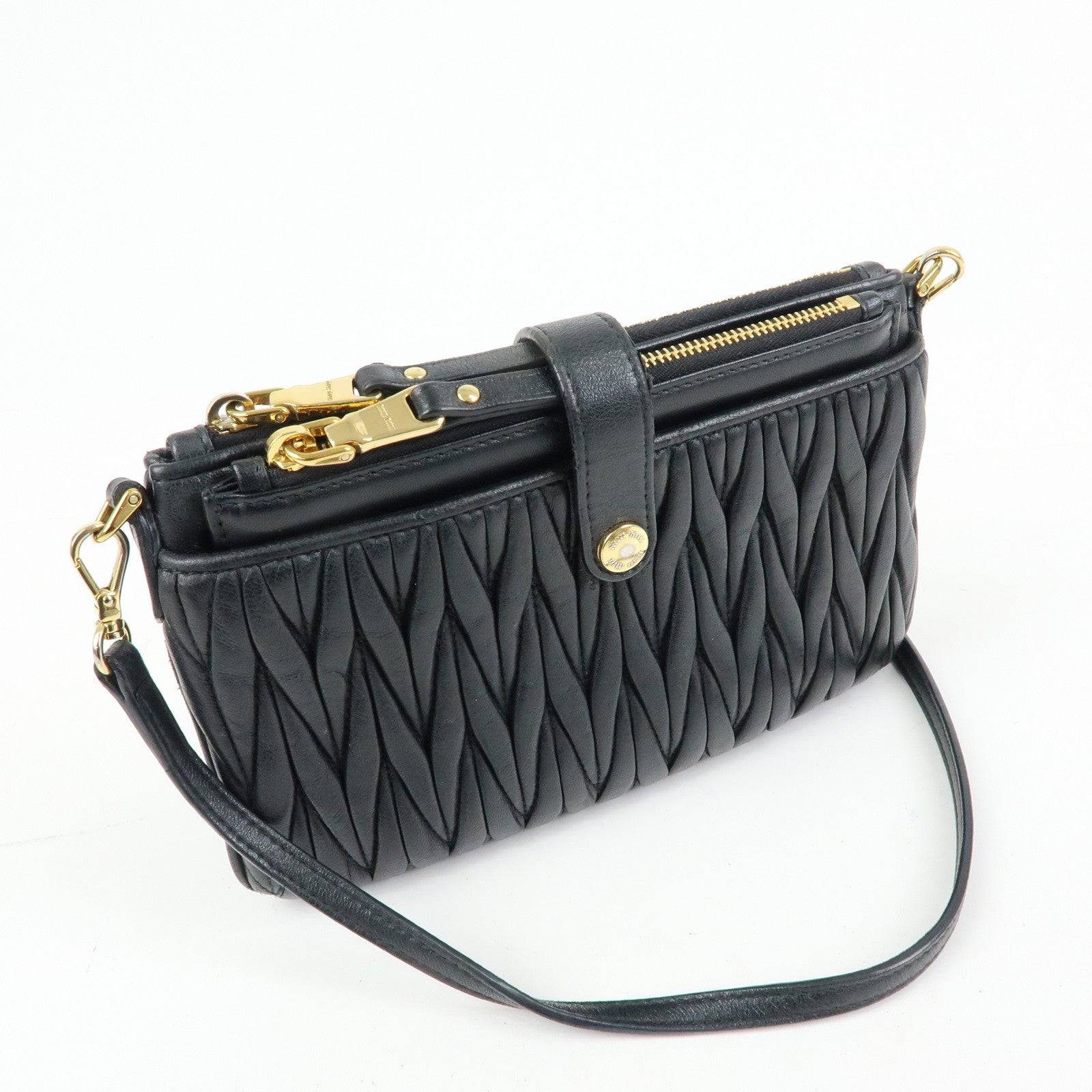 MIU MIU Matelasse Leather Gathered Shoulder Bag Crossbody Bag Black