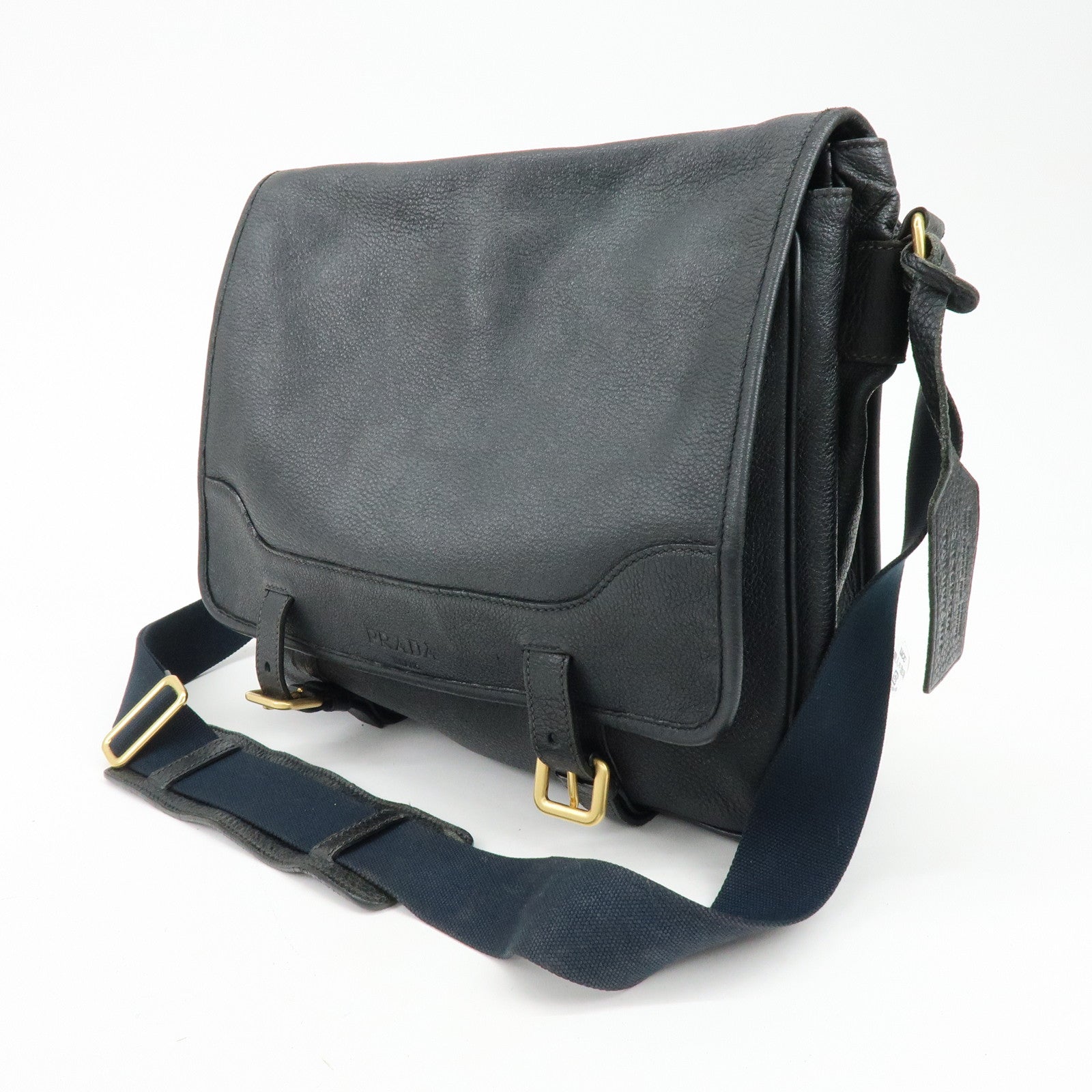 PRADA Logo Leather Shoulder Bag Crossbody Bag Black VA0638