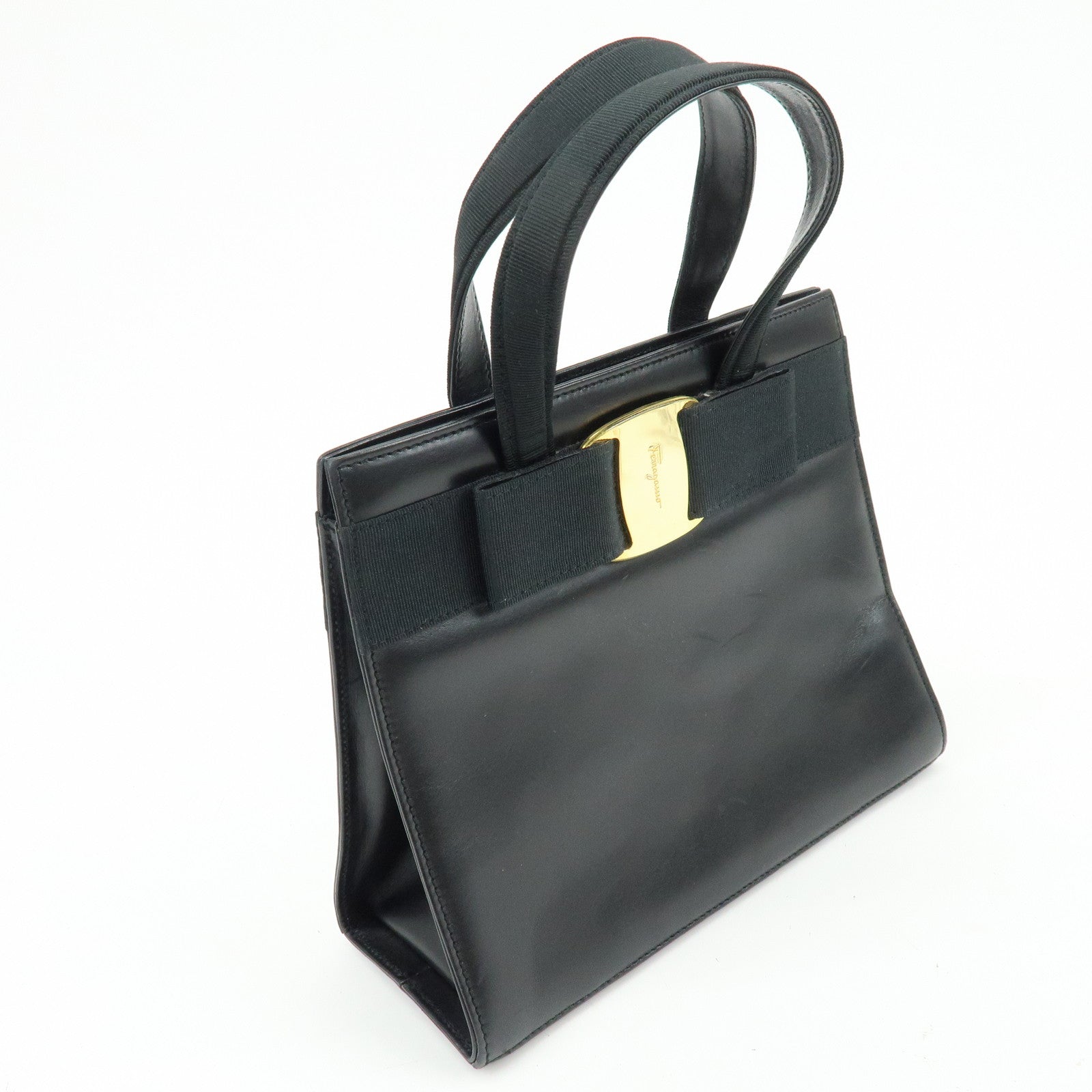 Ferragamo Vara Ribbon Leather Hand Bag Tote Bag Black