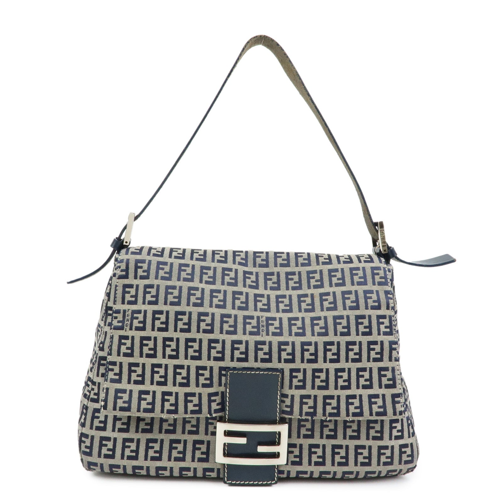 FENDI Mamma Baguette Zucchino Canvas Shoulder Bag Navy 26325
