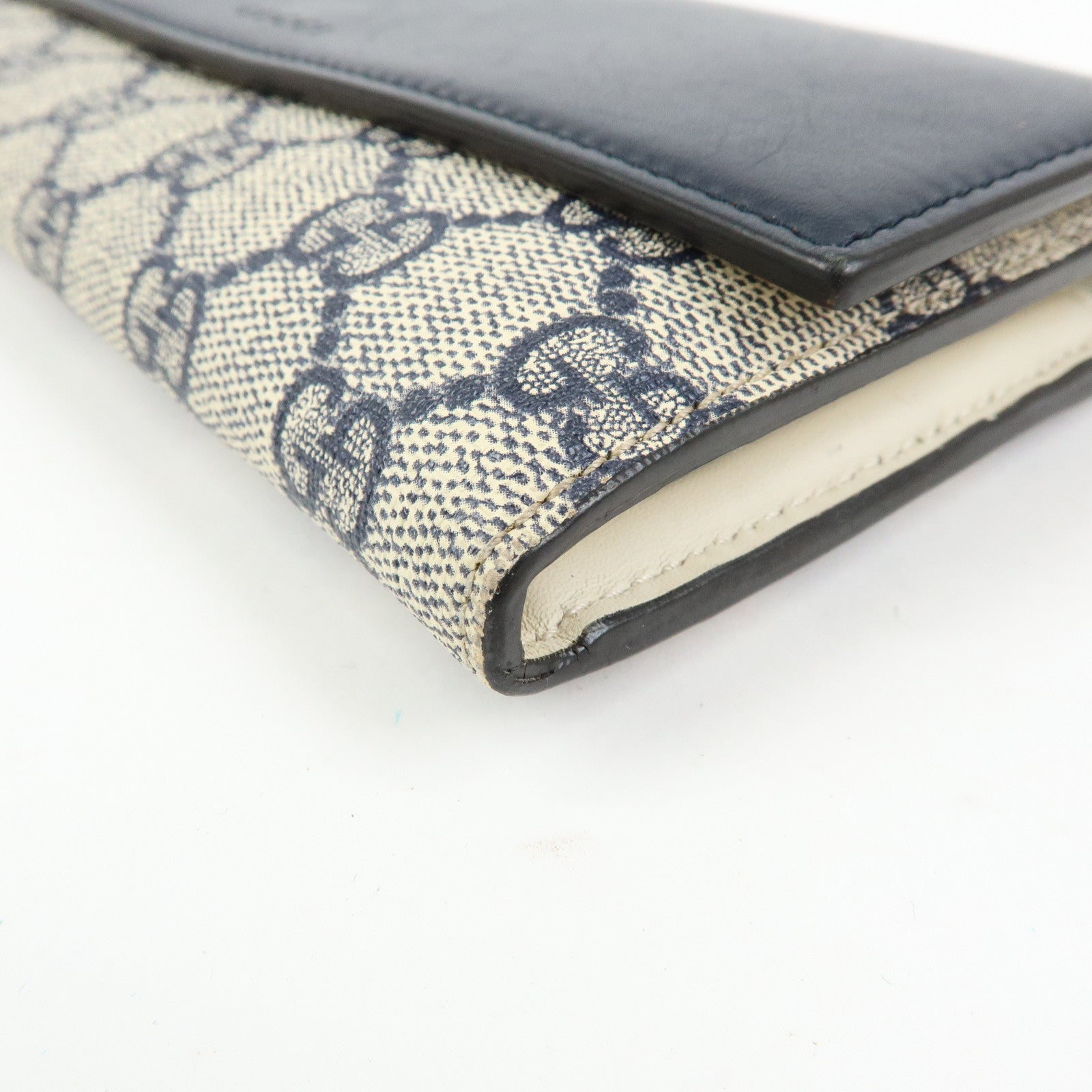 GUCCI GG Supreme Leather Flap Long Wallet Navy Beige 410100