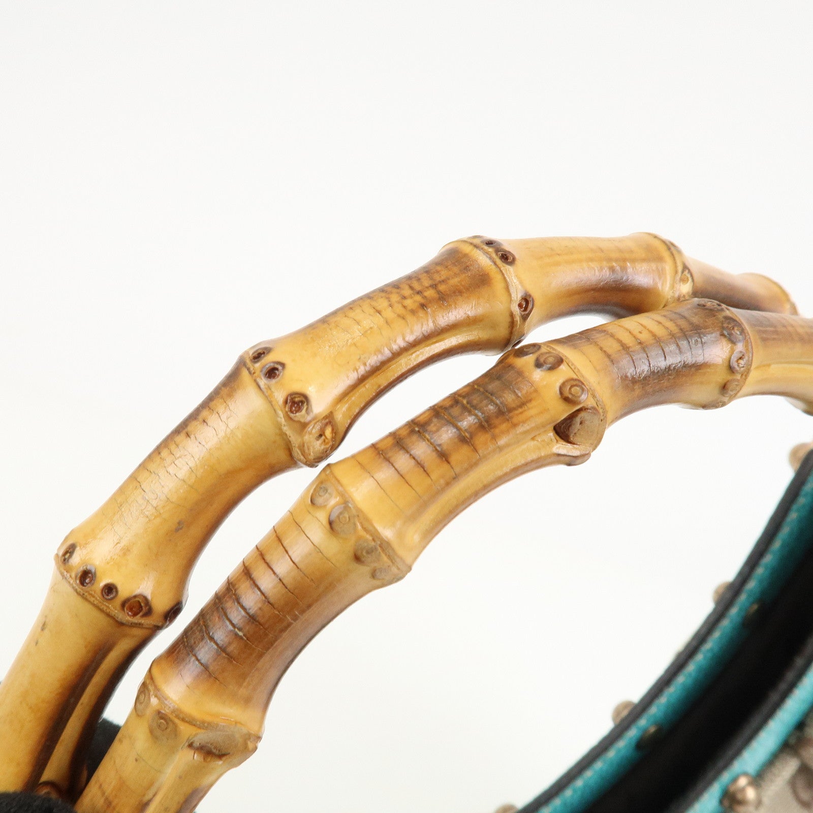 GUCCI Bamboo GG Canvas Leather Hand Bag Brown Light Blue 124297