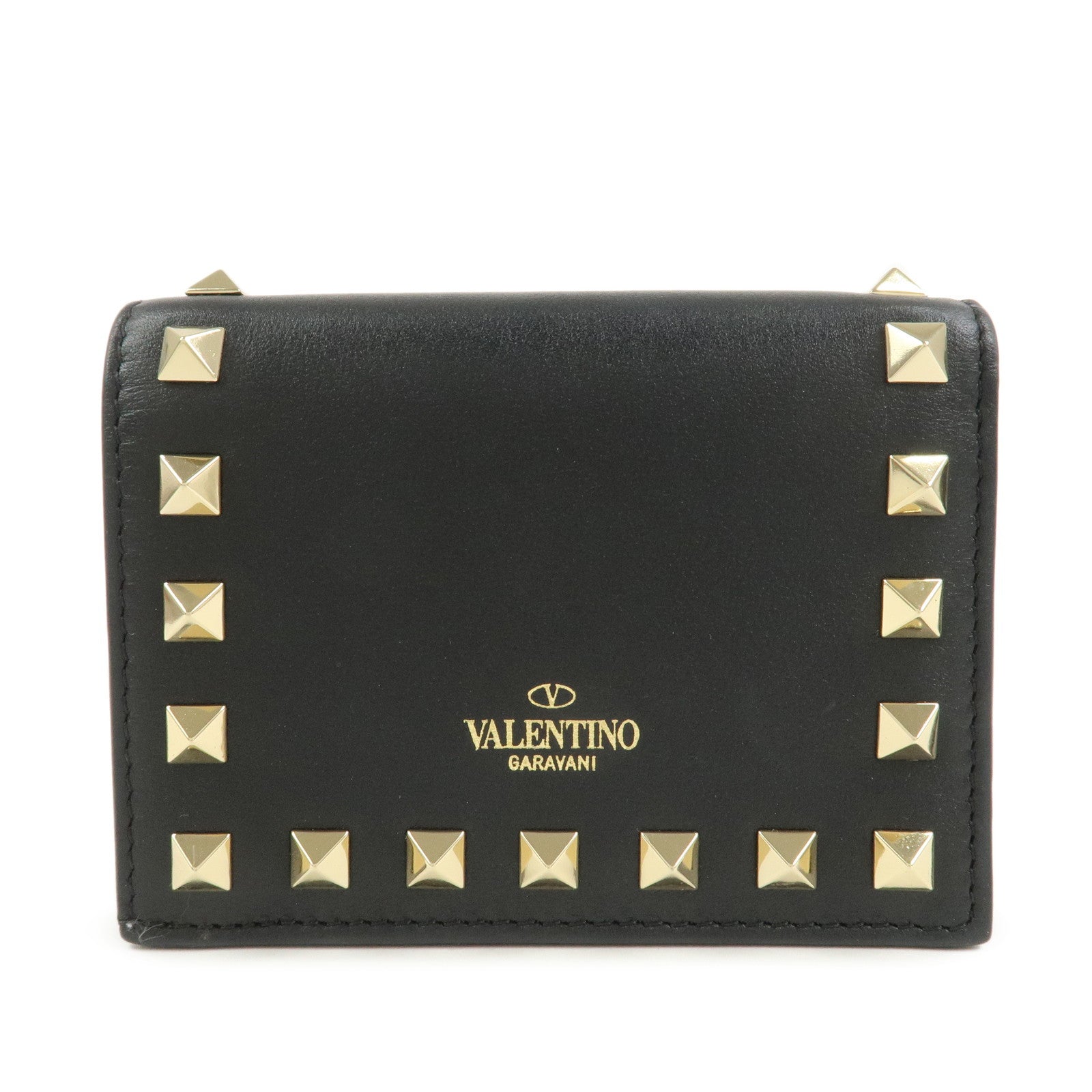 VALENTINO Leather Studs Compact Bi-Fold Wallet Black Gold