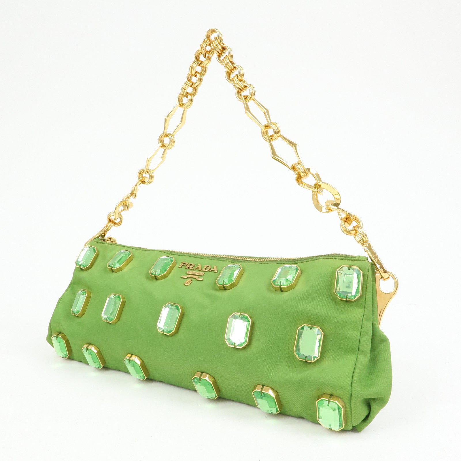 PRADA Bijou Nylon Stone Chain Shoulder Bag Clutch Bag Green
