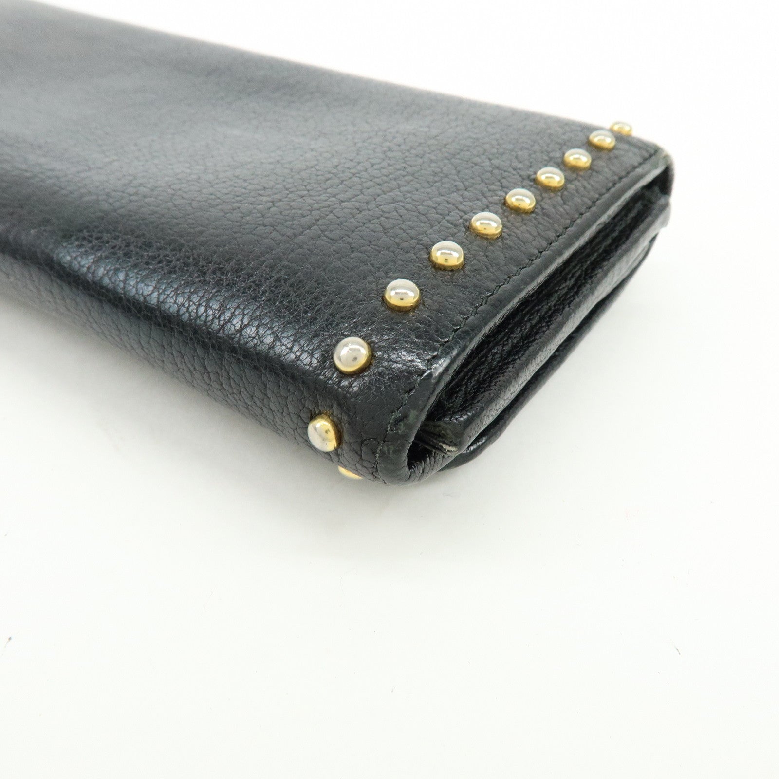 MIU MIU Logo Leather Studs Flap Long Wallet Black 5M1109