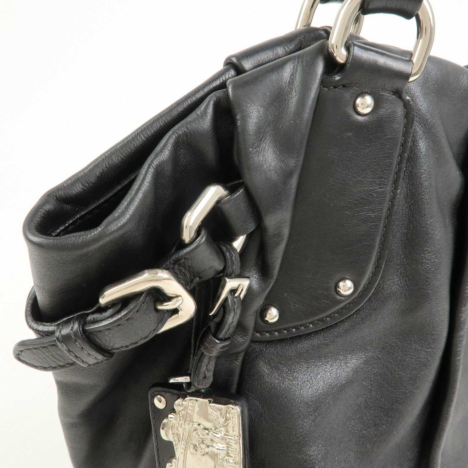 PRADA Logo Leather Shoulder Bag Hand Bag Black BR3974