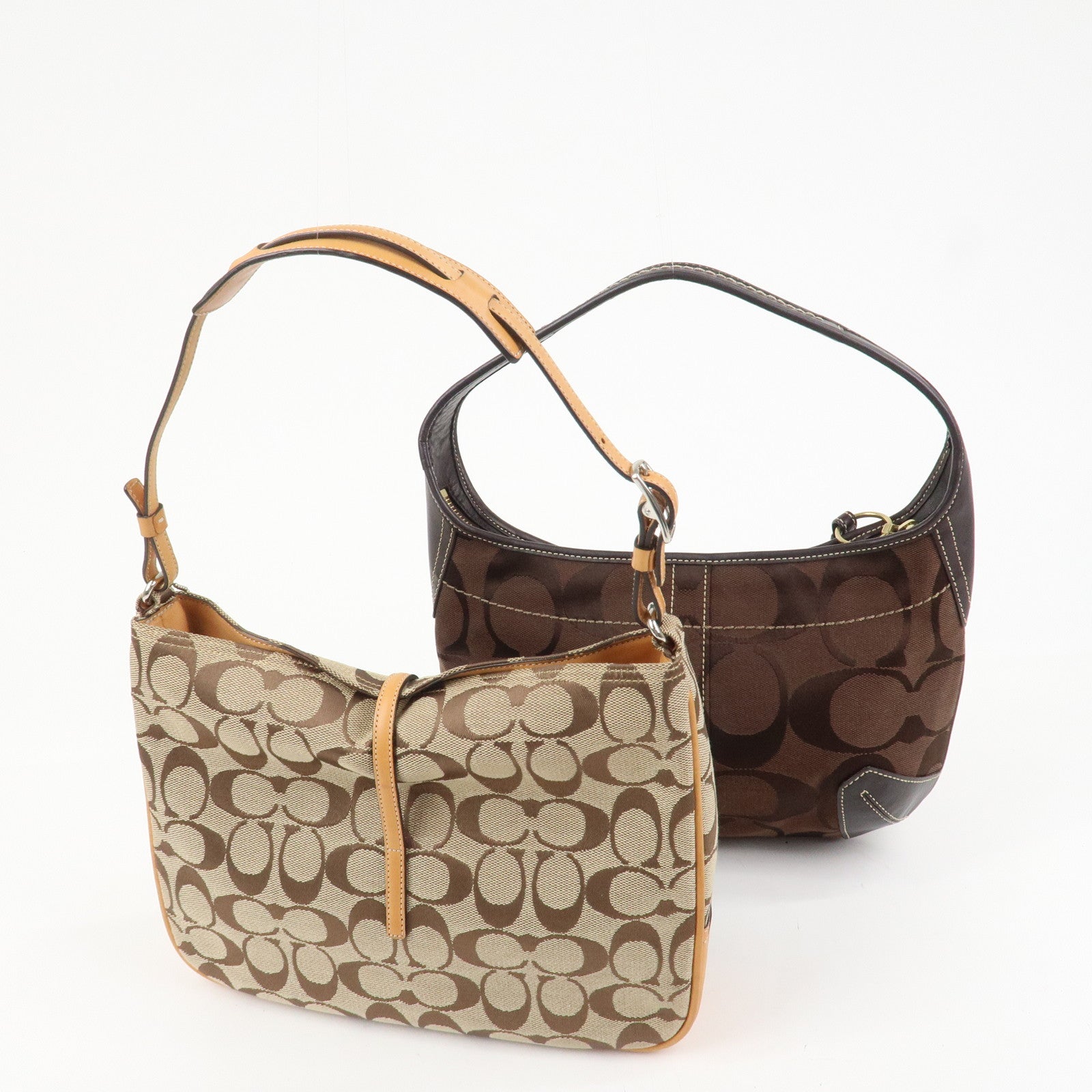 COACH Set Of 2 Canvas Leather Shoulder Bag Hand Bag Brown Beige