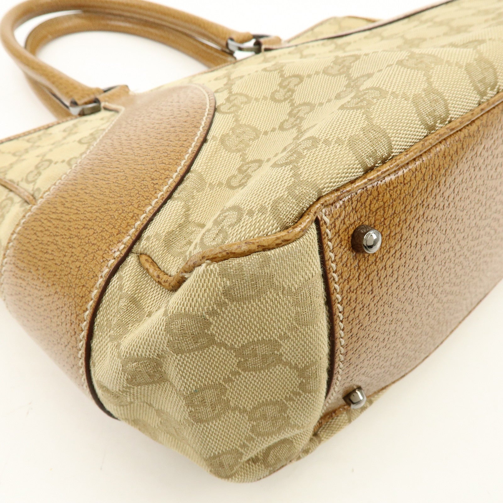 GUCCI GG Canvas Leather Tote Bag Hand Bag Beige Camel 113011