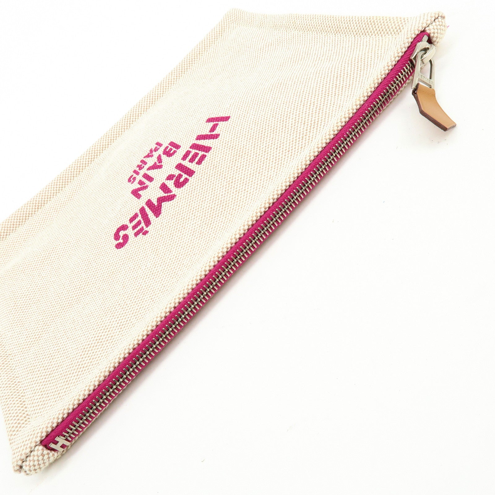 HERMES New Yachting PM Canvas Leather Flat Pouch Beige Purple