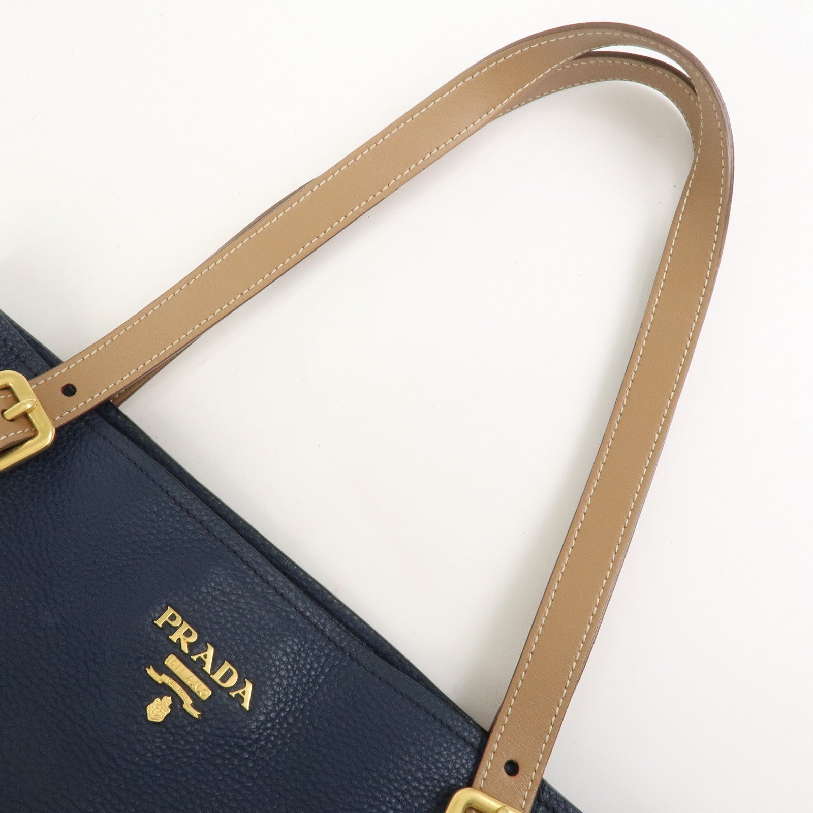 PRADA Logo Leather Tote Bag Shoulder Bag Navy Light Brown 1BG064