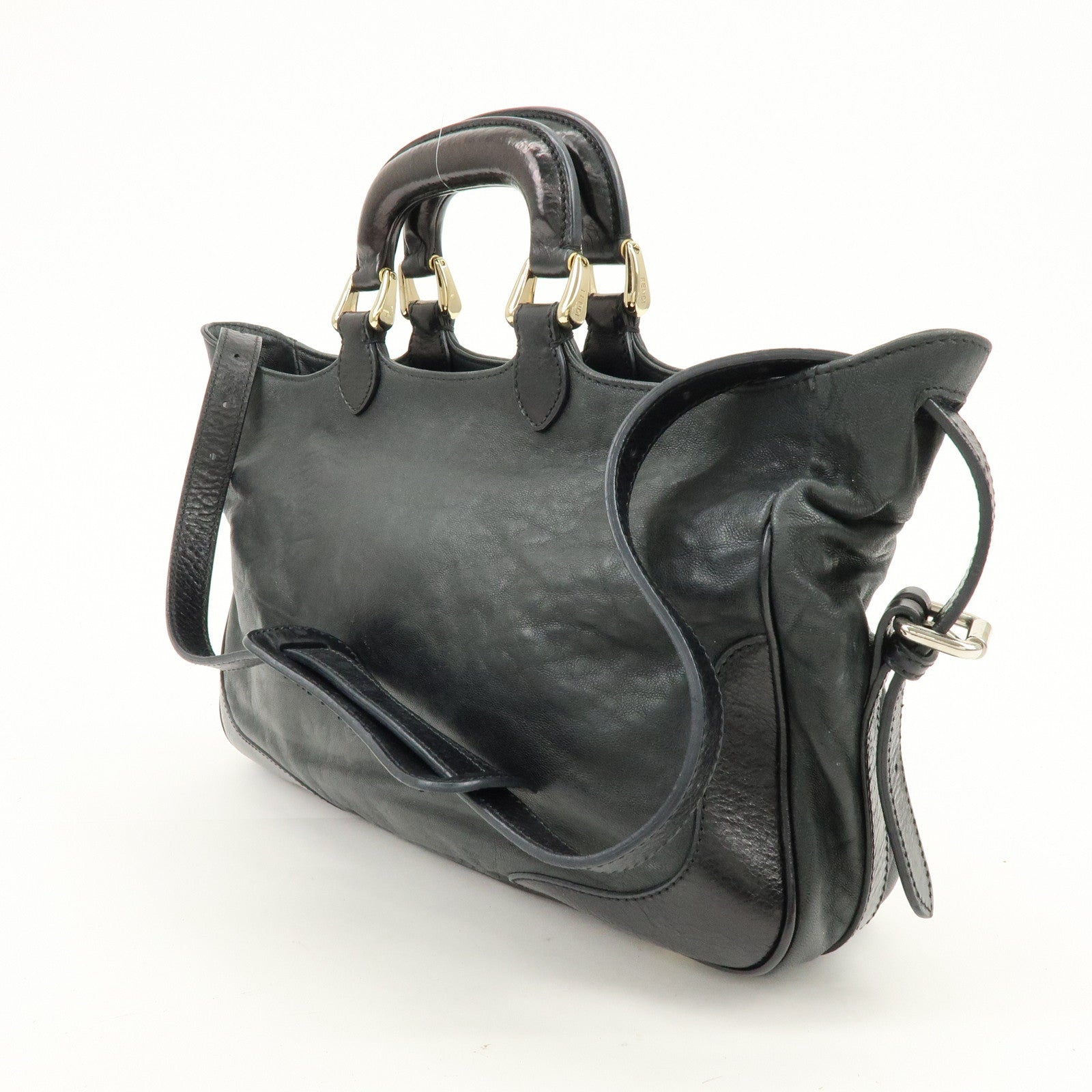 FENDI Leather 2Way Bag Hand Bag Shoulder Bag Black 8BR529